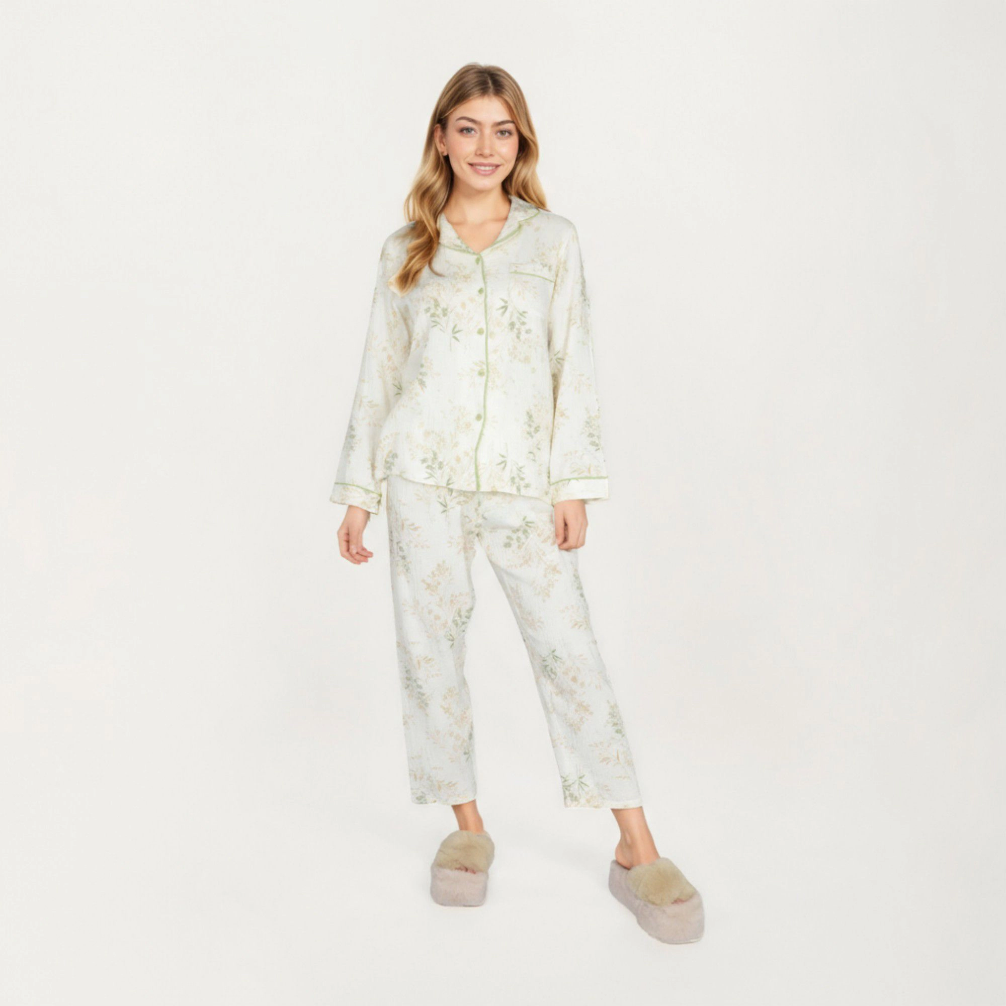 Anna-Kaci Women's 2-Piece Long Sleeve Button Front Top and Relaxed Fit Pants Pajama Set with Botanical Print