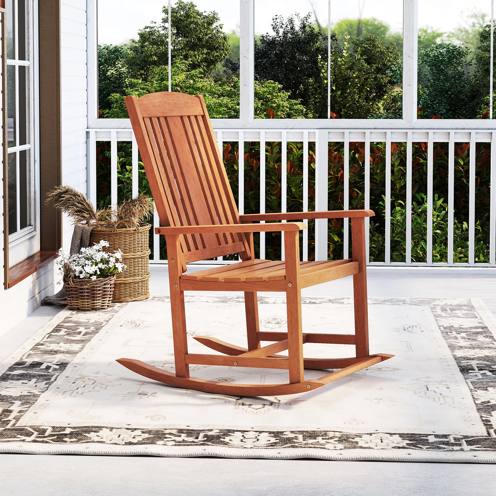 SUGIFT Solid Wood Outdoor Rocking Chair High Back Rocker 400-Lb Capacity 35.5-in Frame Slatted Seat Natural