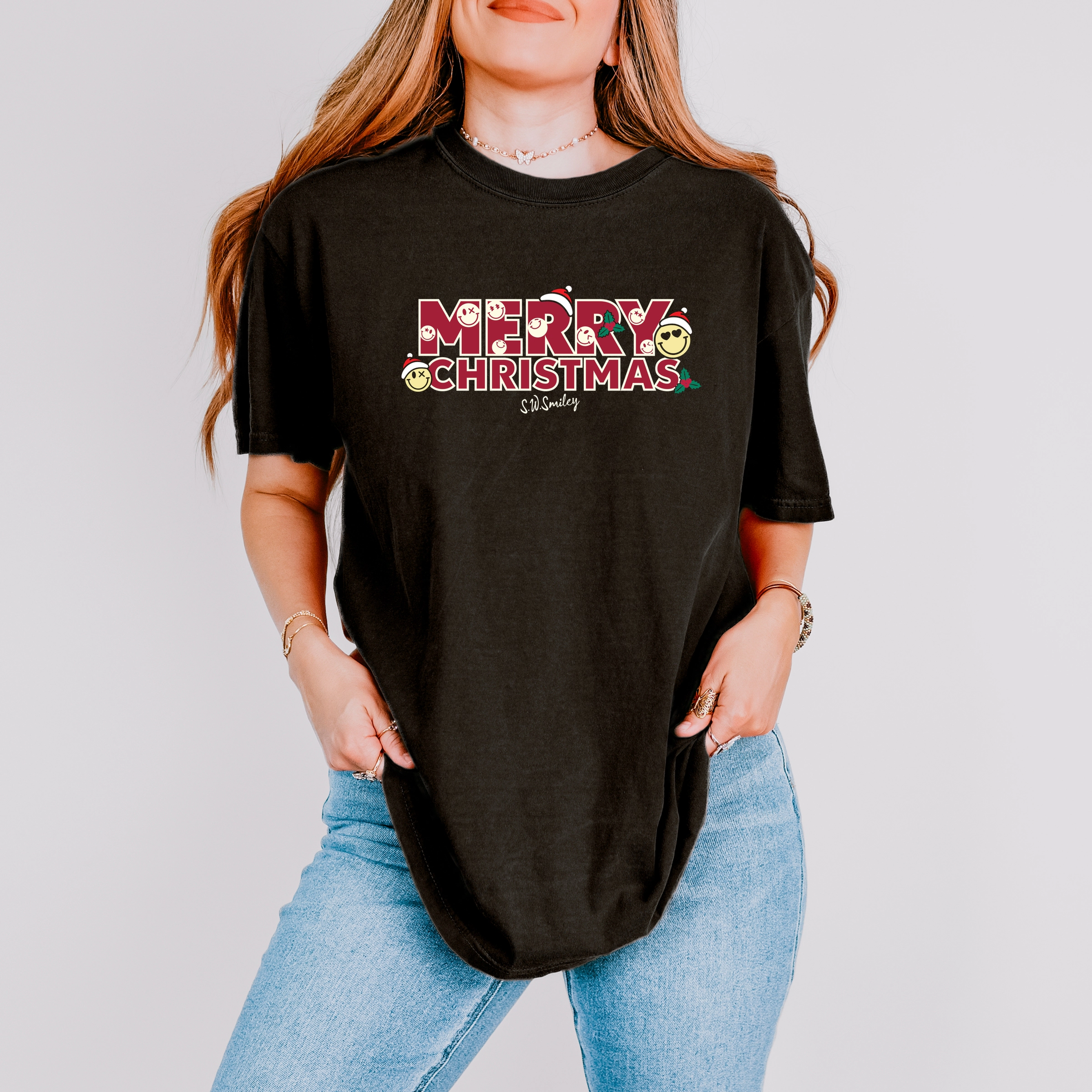 Simply Sage Market - Women's Garment Dyed Graphic T-Shirt S.W.Smiley Merry Christmas Stacked