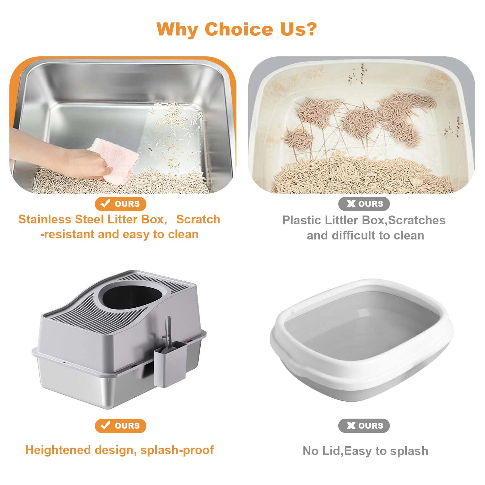 XL Enclosed Stainless-Steel Cat Litter Box, Raised Hollow-Cover Anti-Tracking Toilet 60x40x39.5cm, Gray