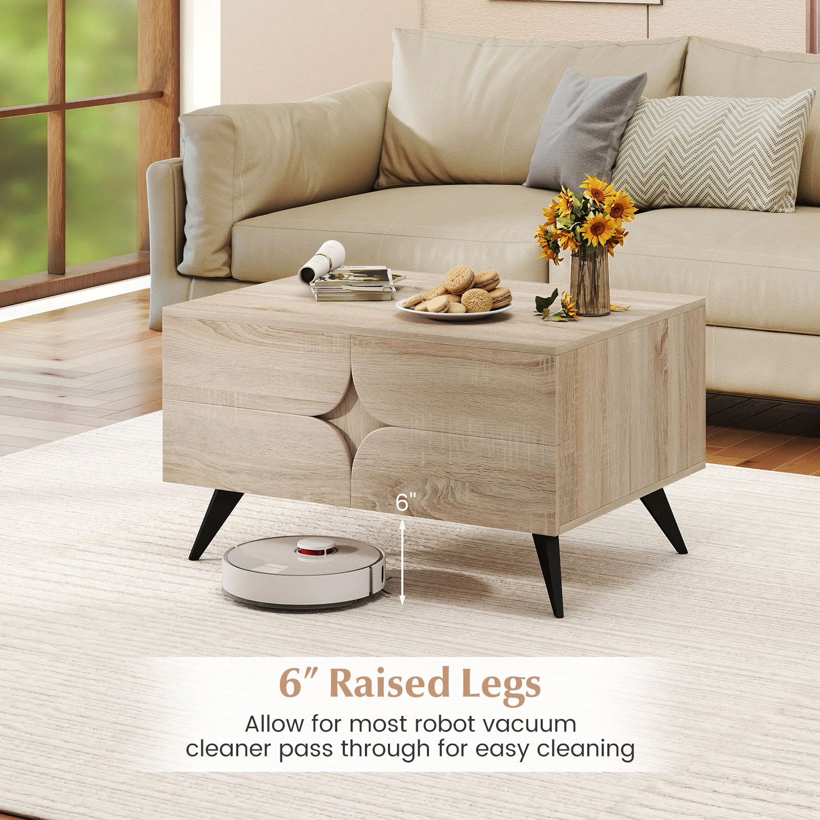 SUGIFT 3-Door Storage Cabinet Open Compartment MDF Coffee Table 31.5-in x 23.5-in x 18-in 88-lb Capacity Natural