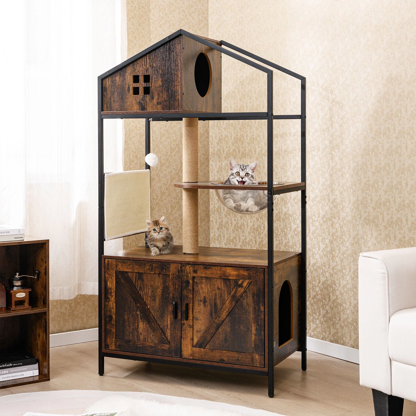 SlickBlue Cat Tree with Litter Box Enclosure, Condo and Scratch Pad