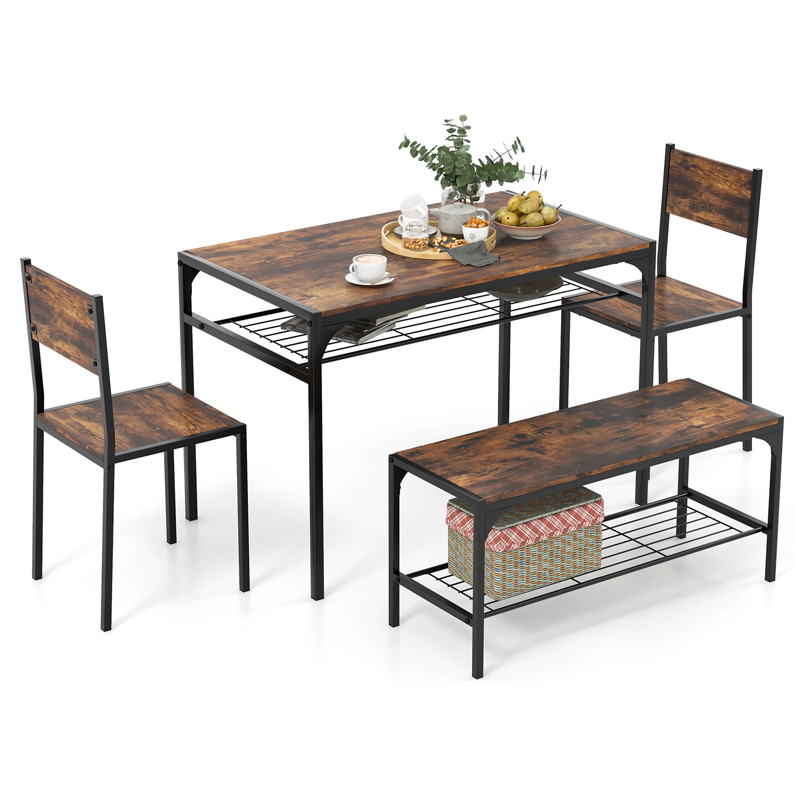 SUGIFT 4-Piece Industrial Dining Set, 43-Inch Table, Bench, 2 Chairs, 2 Storage Shelves