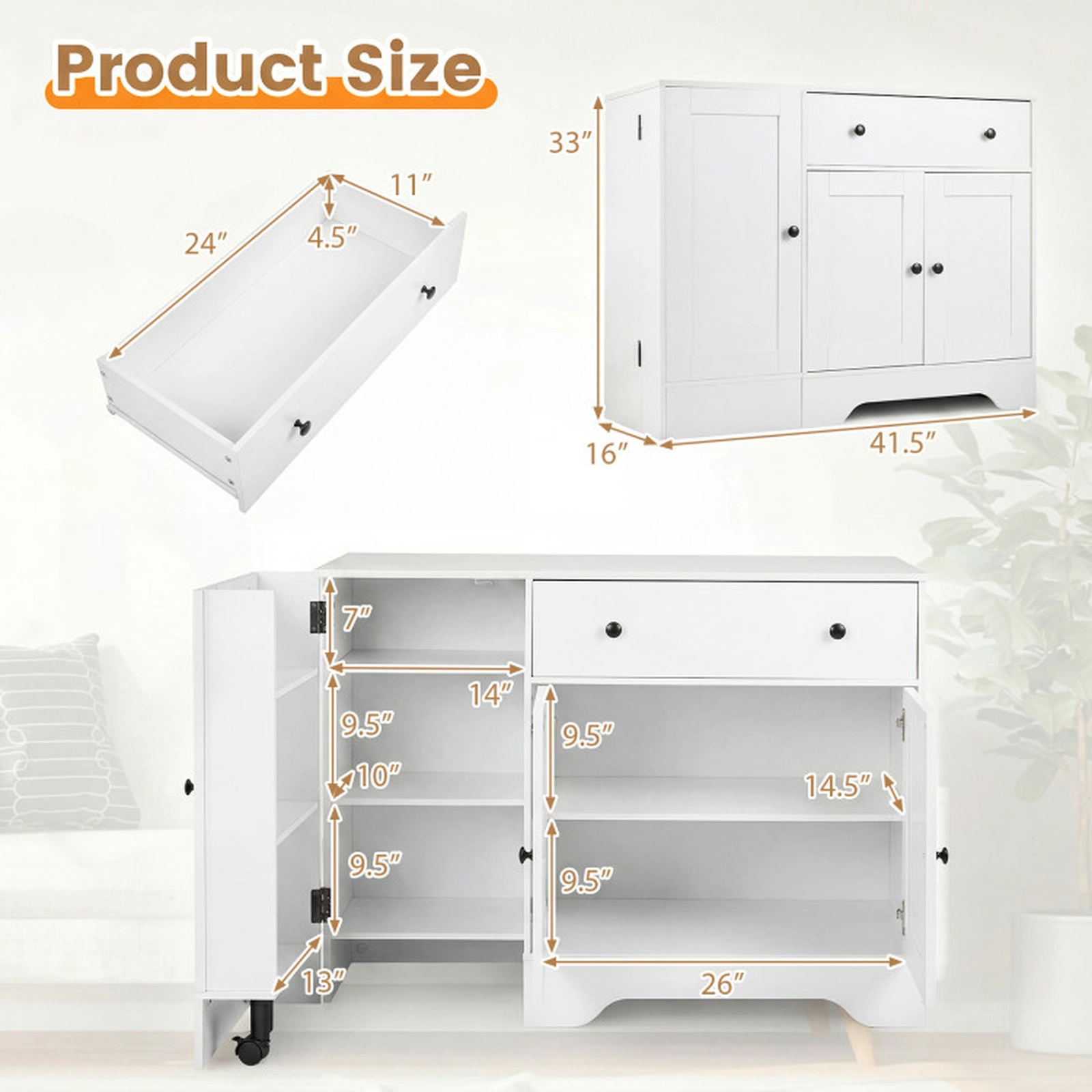 SUGIFT 41.5-in Lockable Rolling Wheel Door 3 Shelves Drawer Coffee Bar Cabinet 16-in D x 33-in H 290-lb Capacity White