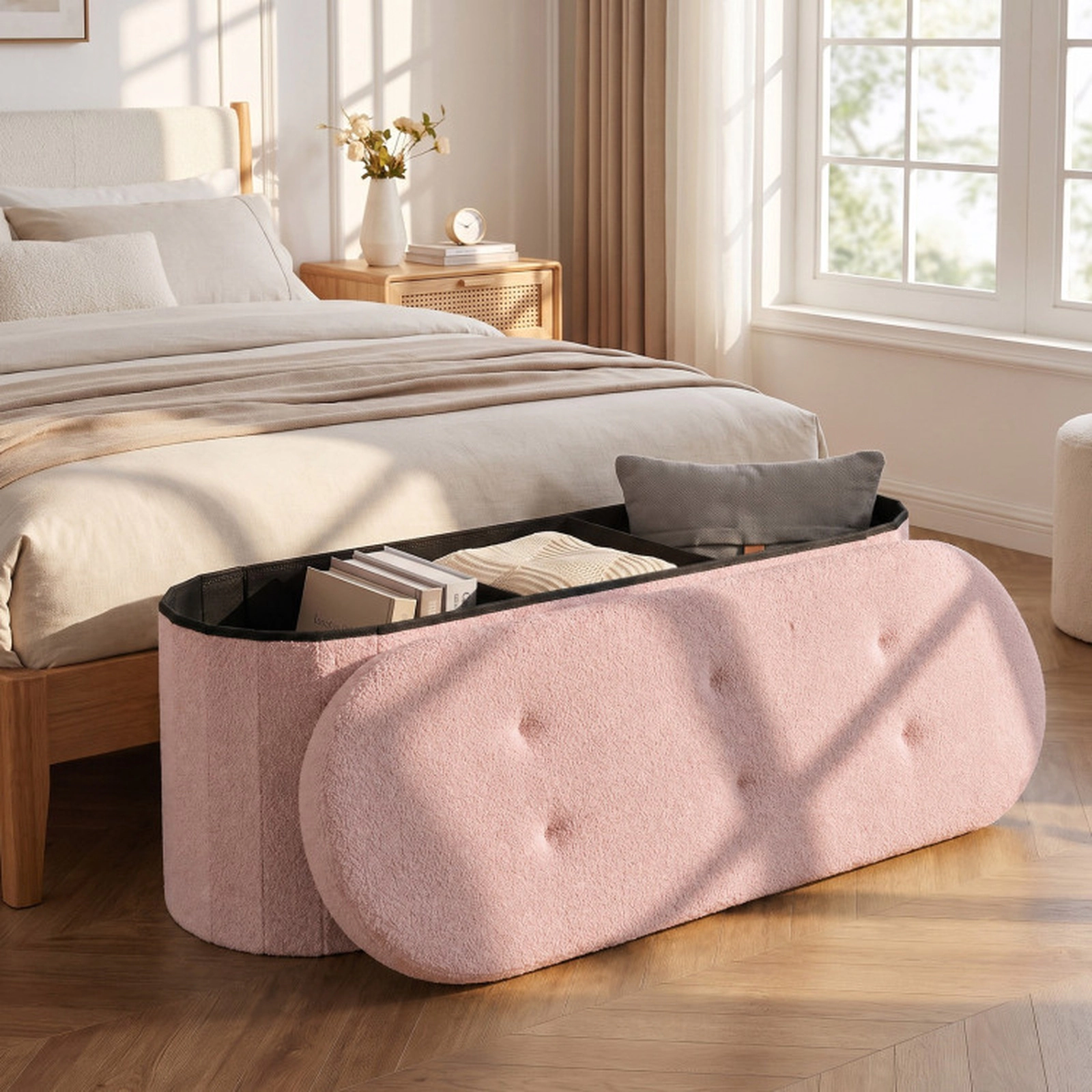 SUGIFT 43-in 330-lb Capacity Pink Folding Teddy Fleece Storage Ottoman Bench with 3 Compartments