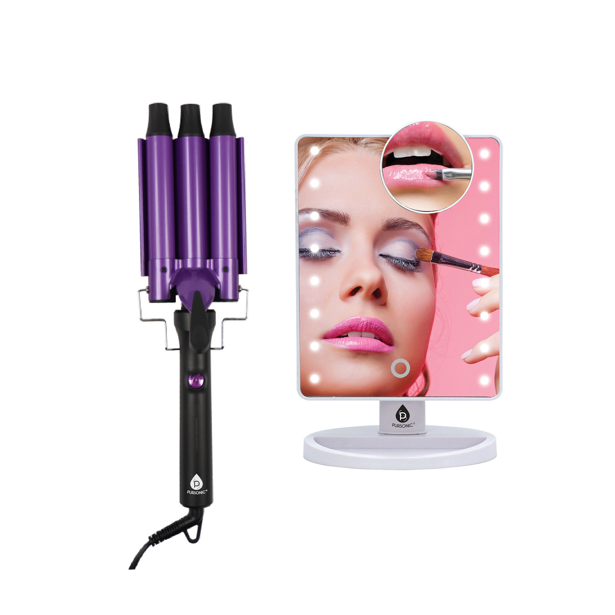 Pursonic Women’s Beauty Styling Set: Dimmable LED Vanity Mirror & Triple Barrel Hair Curler