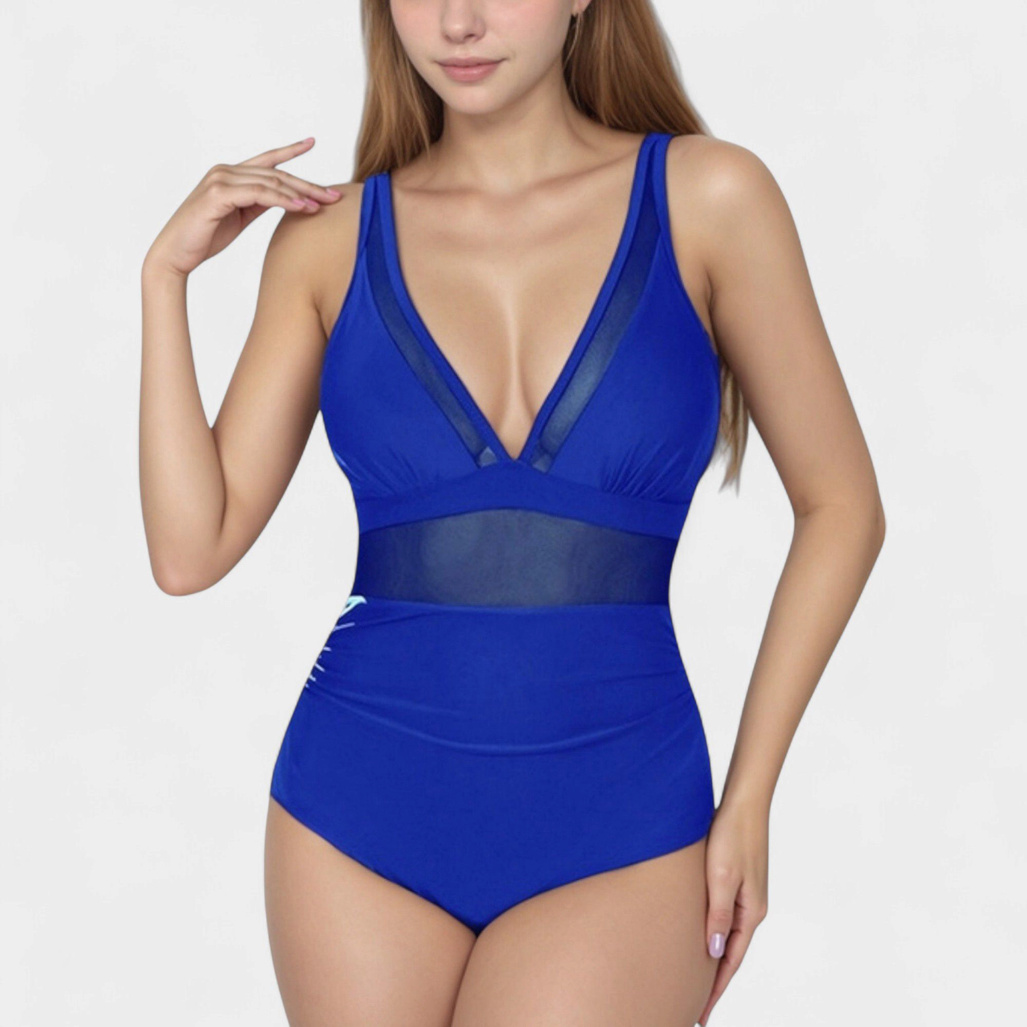 Anna-Kaci Women's Deep V Mesh Panel One-Piece Swimsuit with Sheer Waist Detail and Adjustable Straps