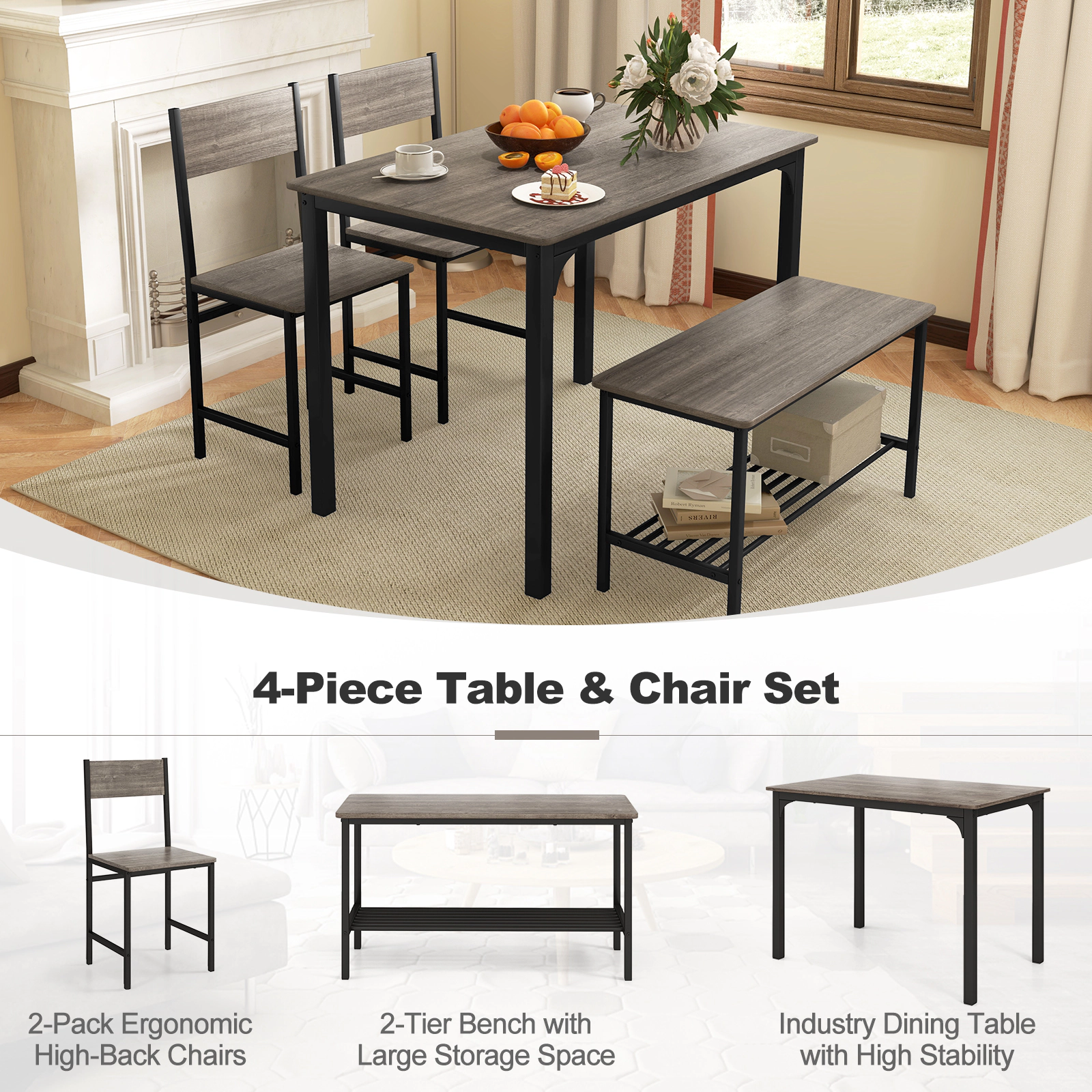 SUGIFT 4-Piece 43-Inch Dining Table Set, Rustic Brown, Bench, 2 Chairs, Storage Rack