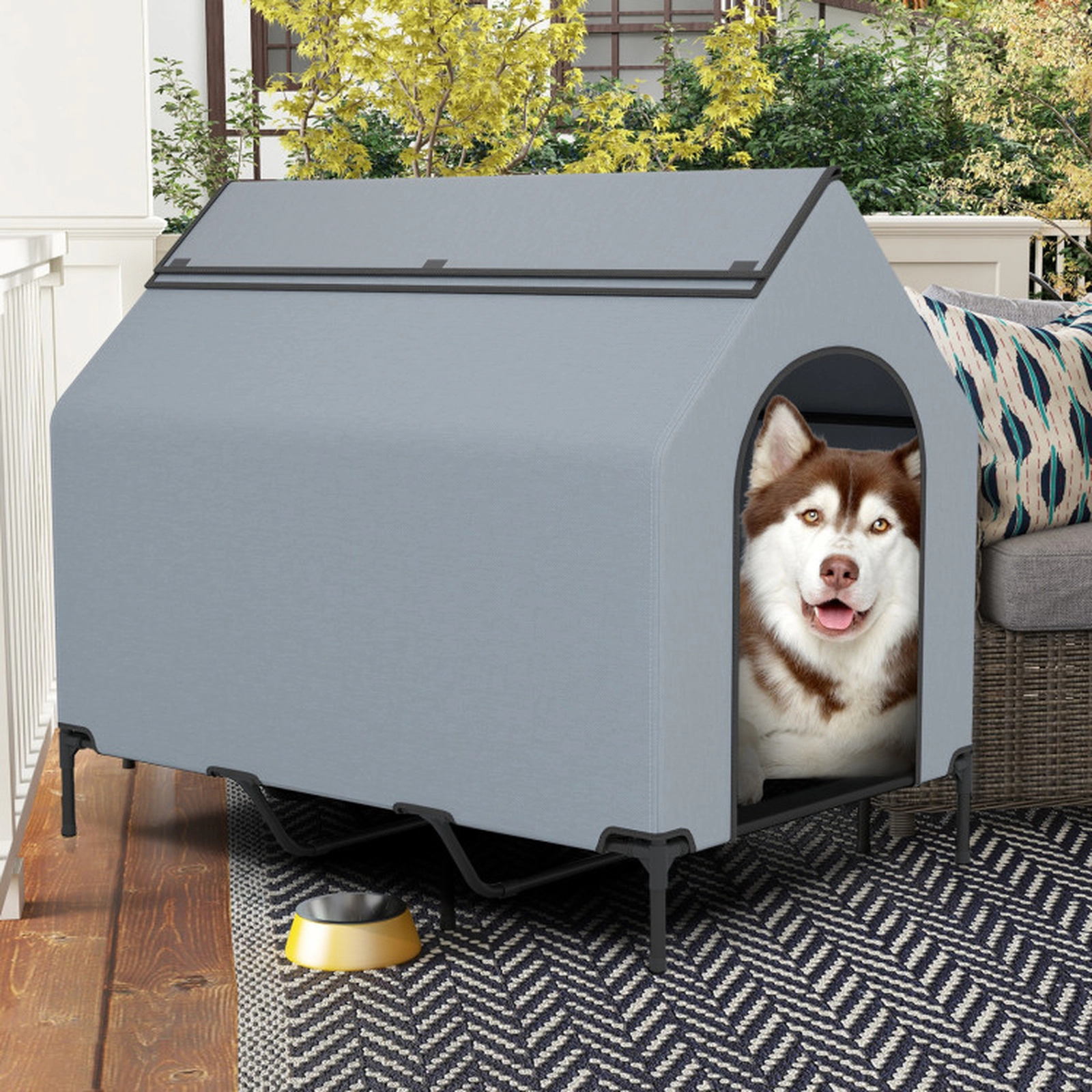SUGIFT Large 110-lb Capacity Elevated Outdoor Dog House with Waterproof Canopy and 2 Roll-Up Mesh Windows