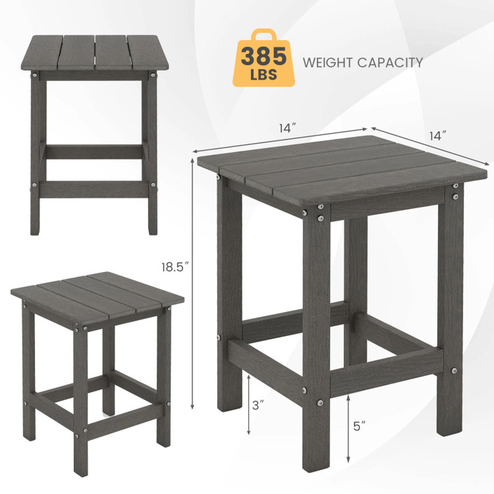 SUGIFT Set of 2 Weather Resistant HDPE Adirondack Patio Side Tables 14-in x 14-in x 18.5-in 385-lb Capacity Gray