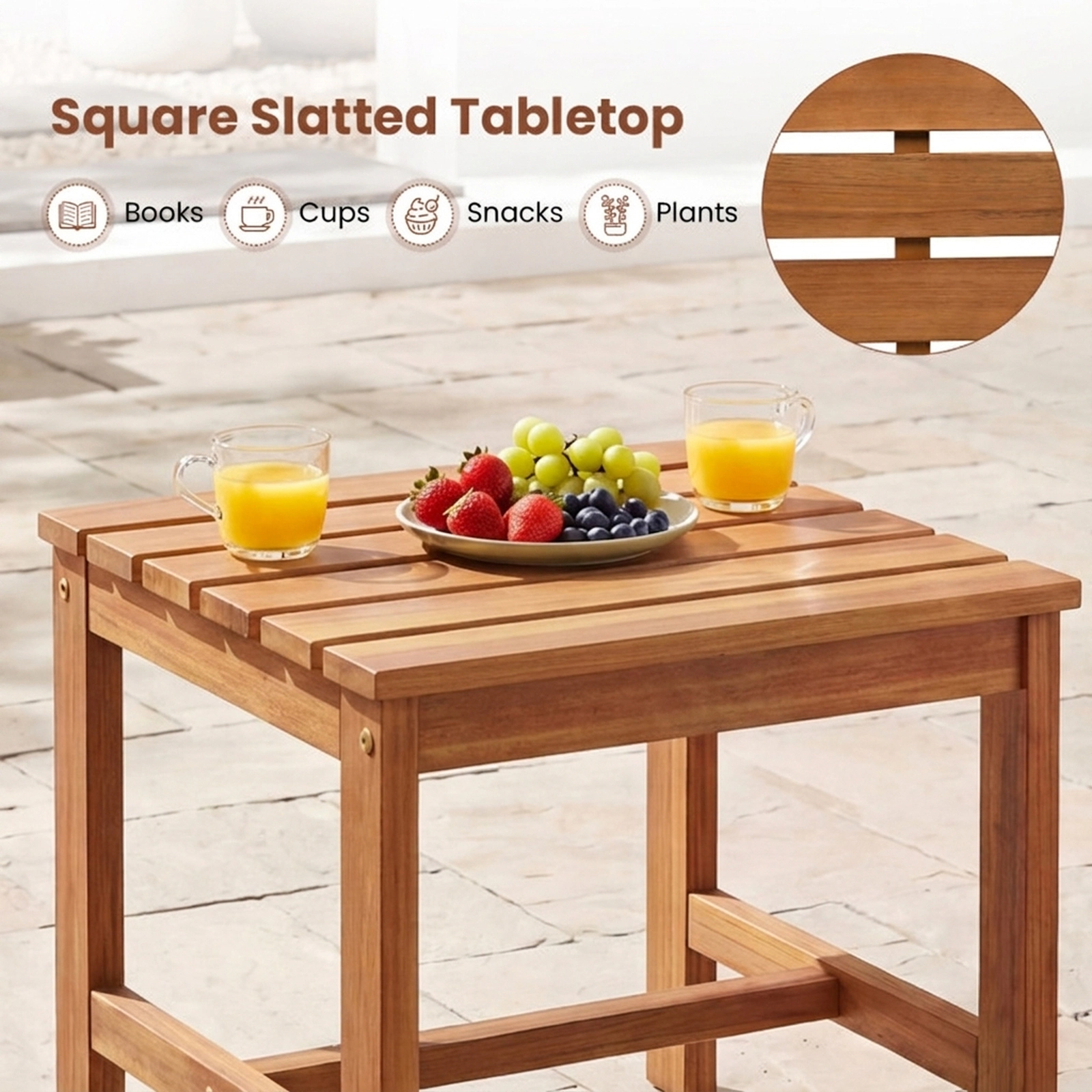 SUGIFT 17-In Square Natural Acacia Wood Outdoor Side Table with Slatted Top