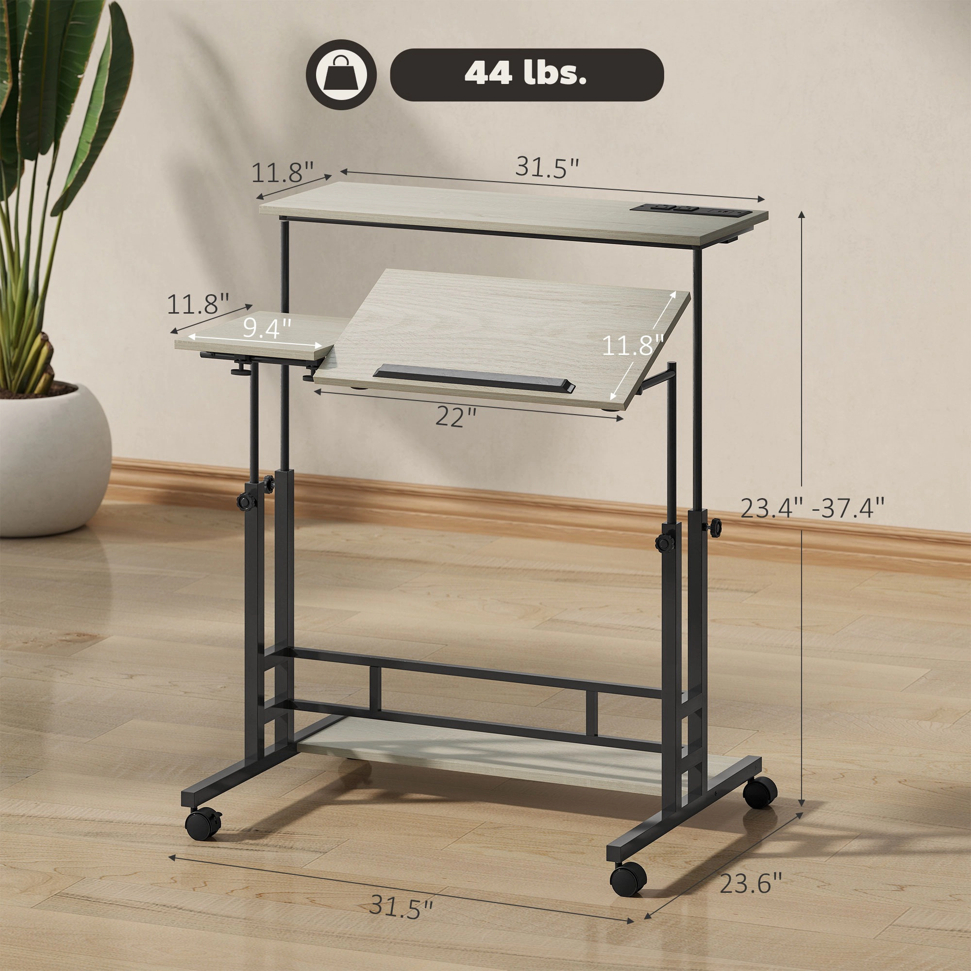 HONGGE Adjustable Standing Desk with Power Outlets, Stand Up Desk with Tiltable Tabletop, Wheels, Shelf, for Home Office