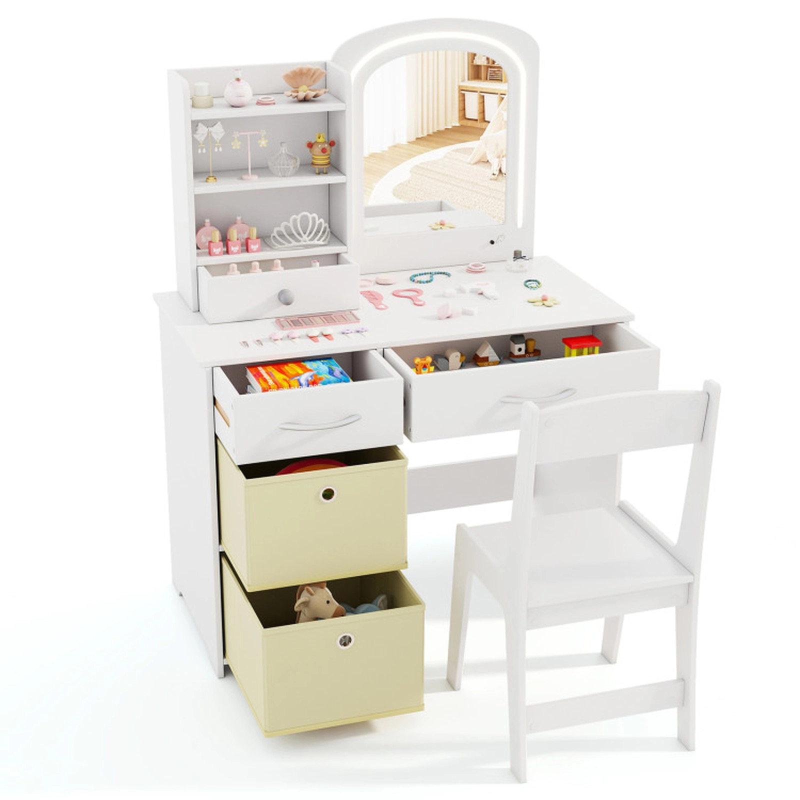 SUGIFT Kids Vanity Set with Lighted Mirror Makeup Desk and Chair 110-lb Tabletop 3+ Years White with Drawers