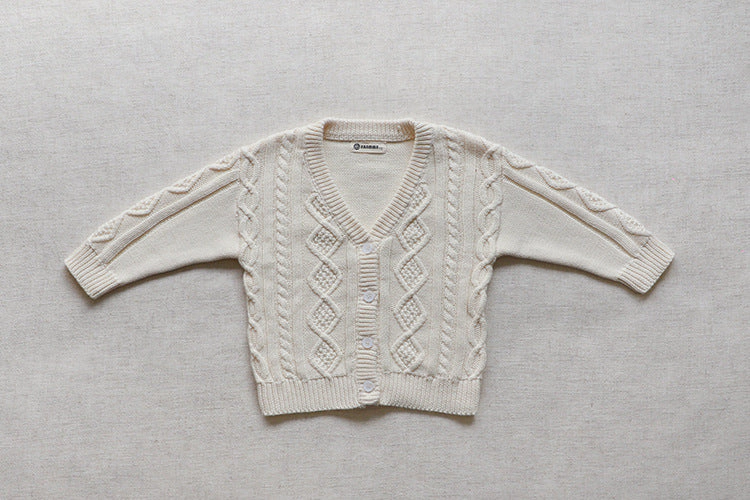 MyKids-USA Baby Crochet Kint Pattern Solid Color V-Neck Single Breasted Cardigan