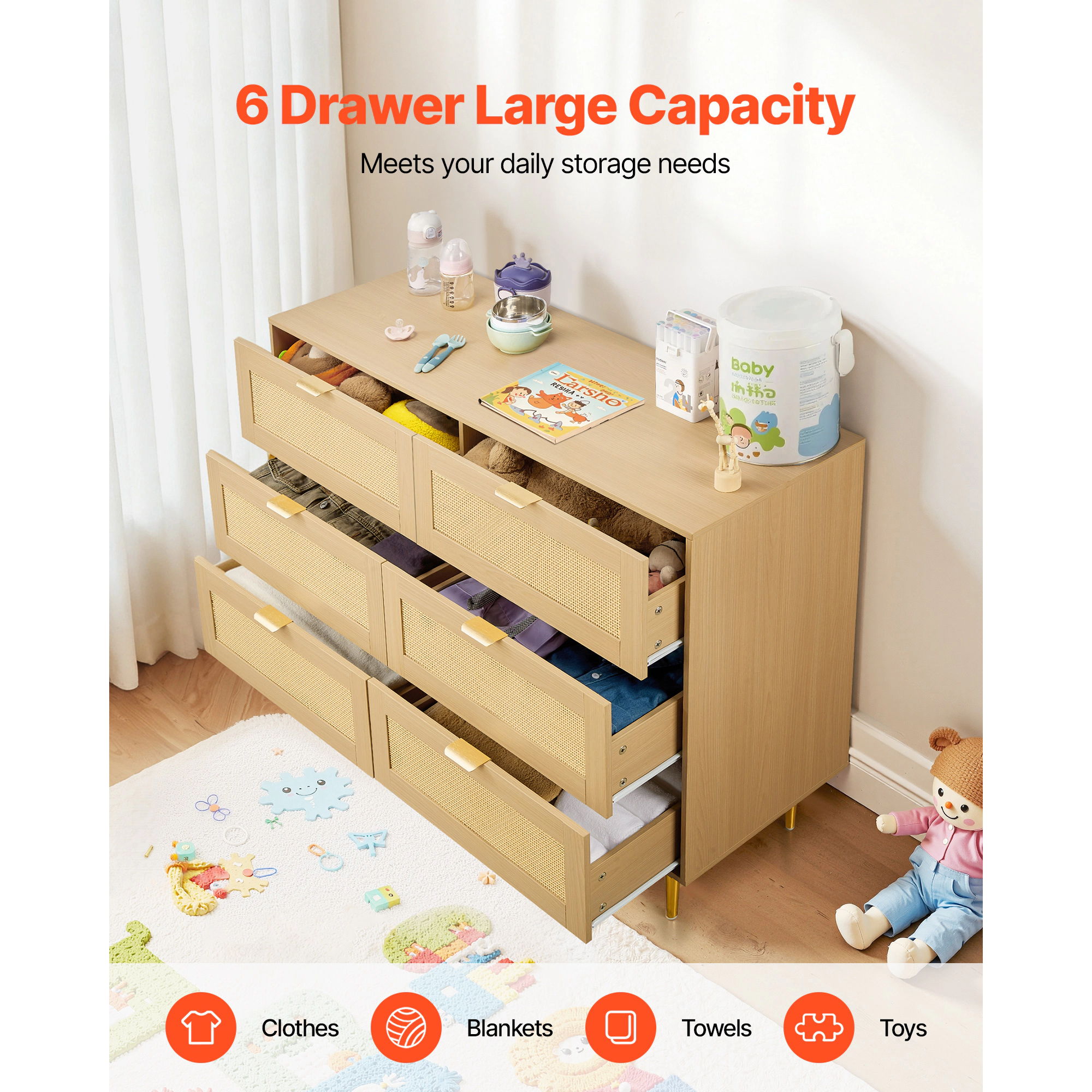 HONGGE 6 Drawer Rattan Dresser, Double Dresser for Bedroom, Natural Rattan Chest of Drawer with Metal Handle