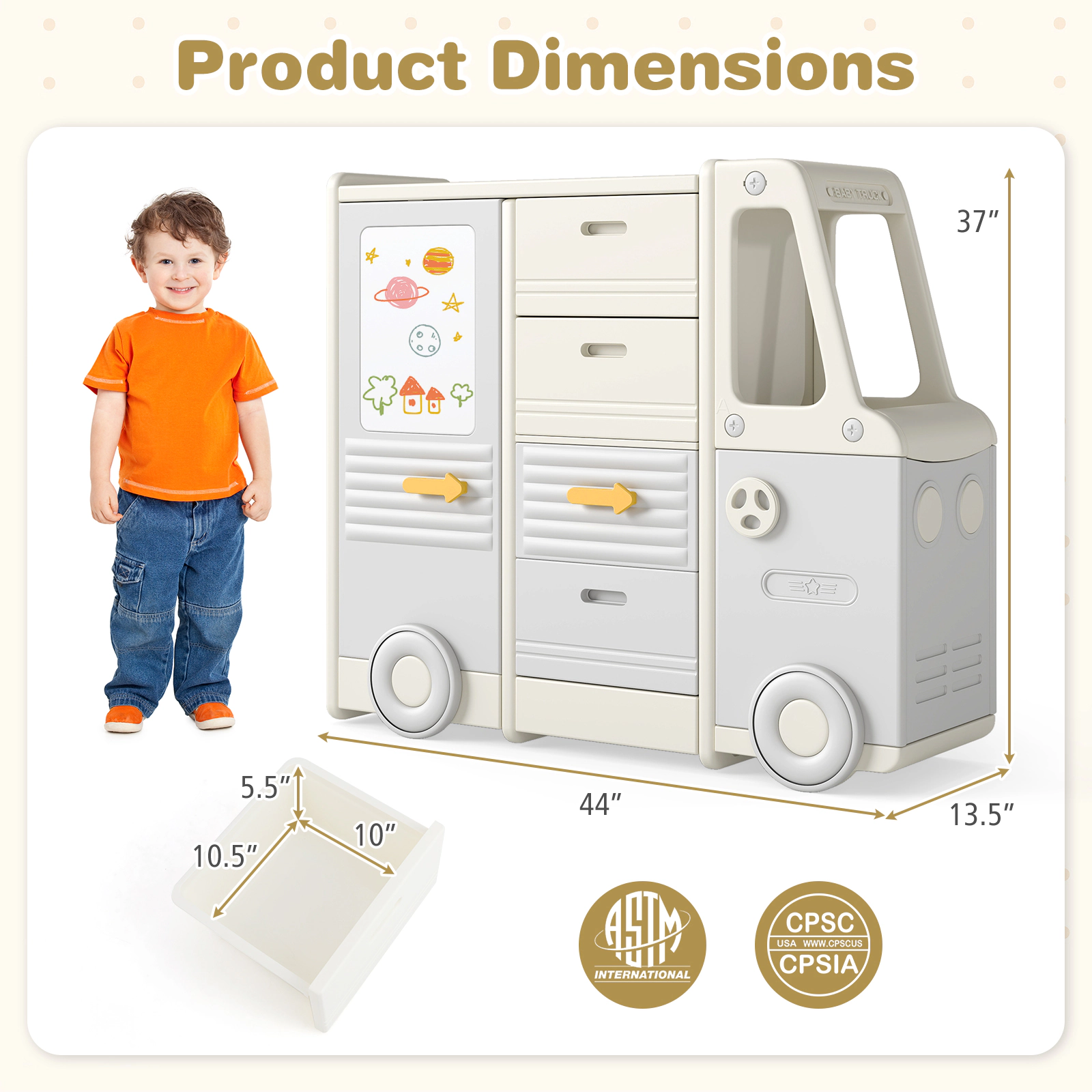 SUGIFT Gray 180-lb Capacity Bus-Shaped Kids Toy Storage Organizer Cabinet with 4 Pull-Out Drawers and Whiteboard