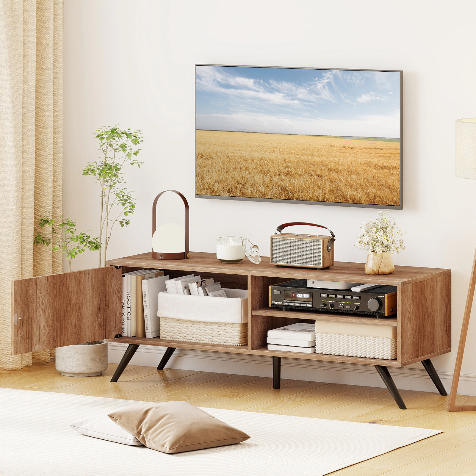 SUGIFT Mid Century TV Stand for TVs up to 55 in with Storage Cabinet 210-lb Tabletop Capacity Oak