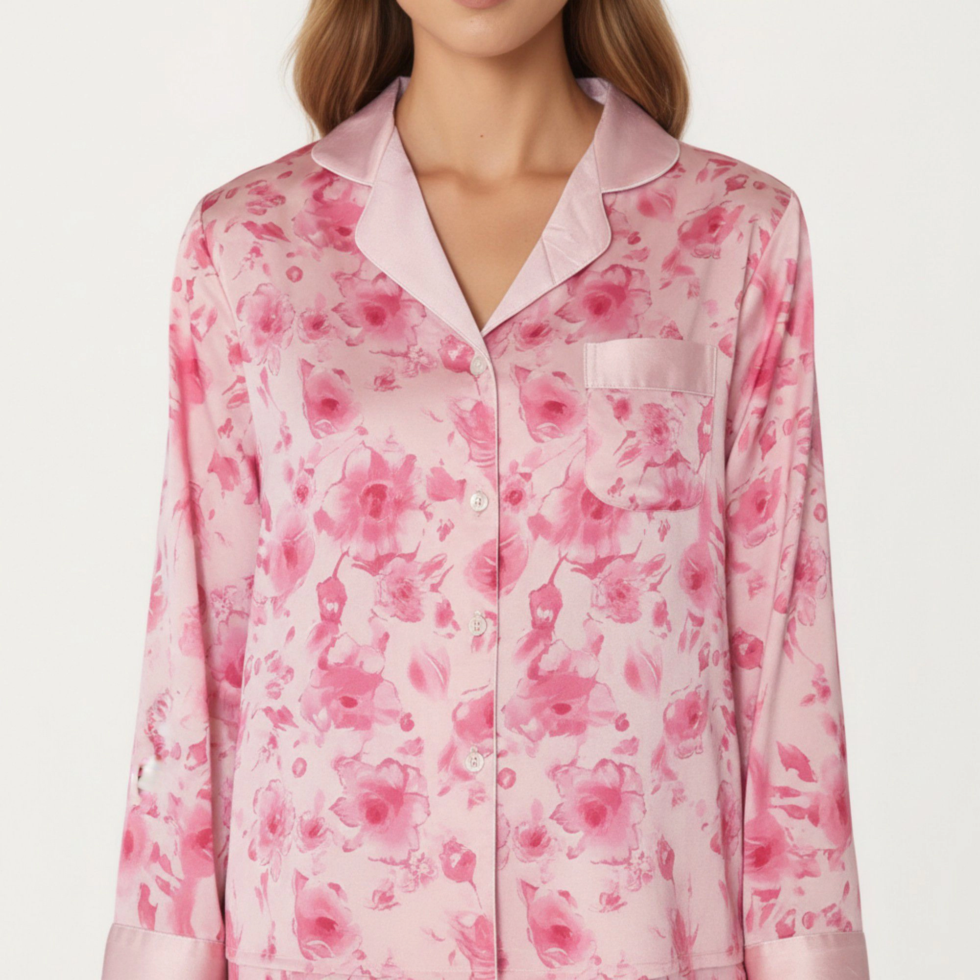 Anna-Kaci Women's 2-Piece Floral Satin Button Front Pajama Top with Contrast Cuffs and Matching Relaxed Fit Lounge Pants