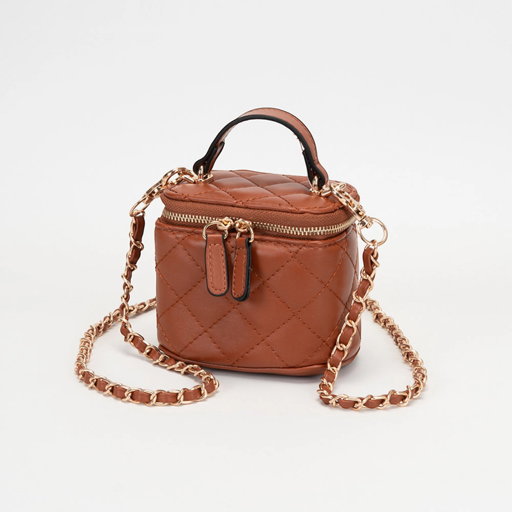 FASHNZFAB Faux Leather Quilted Top Handle Mini Vanity Box Crossbody Bag