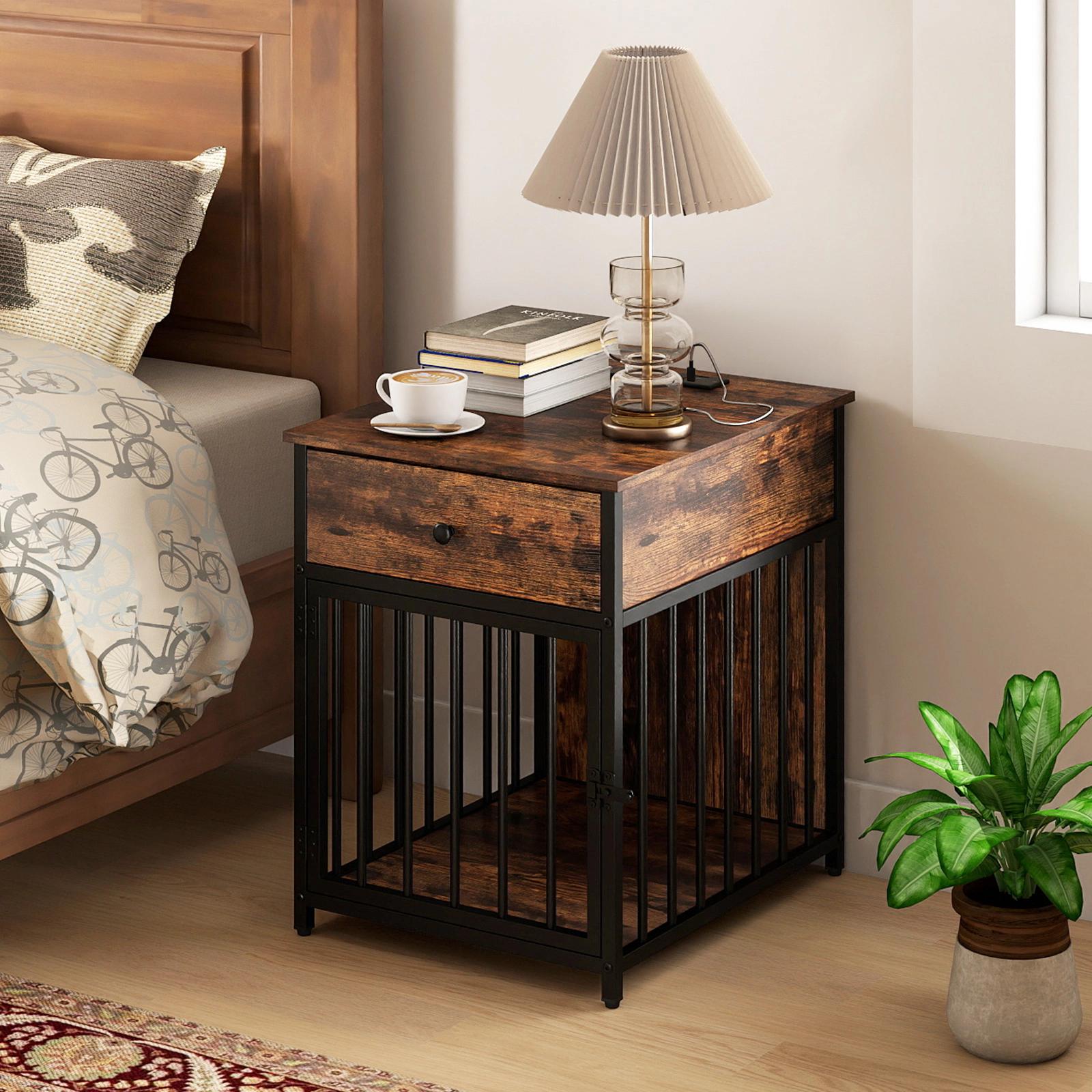 SUGIFT Dog Crate Furniture End Table with Drawer and Charging Station 25-lb Tabletop Capacity for Small Dogs Black+Brown