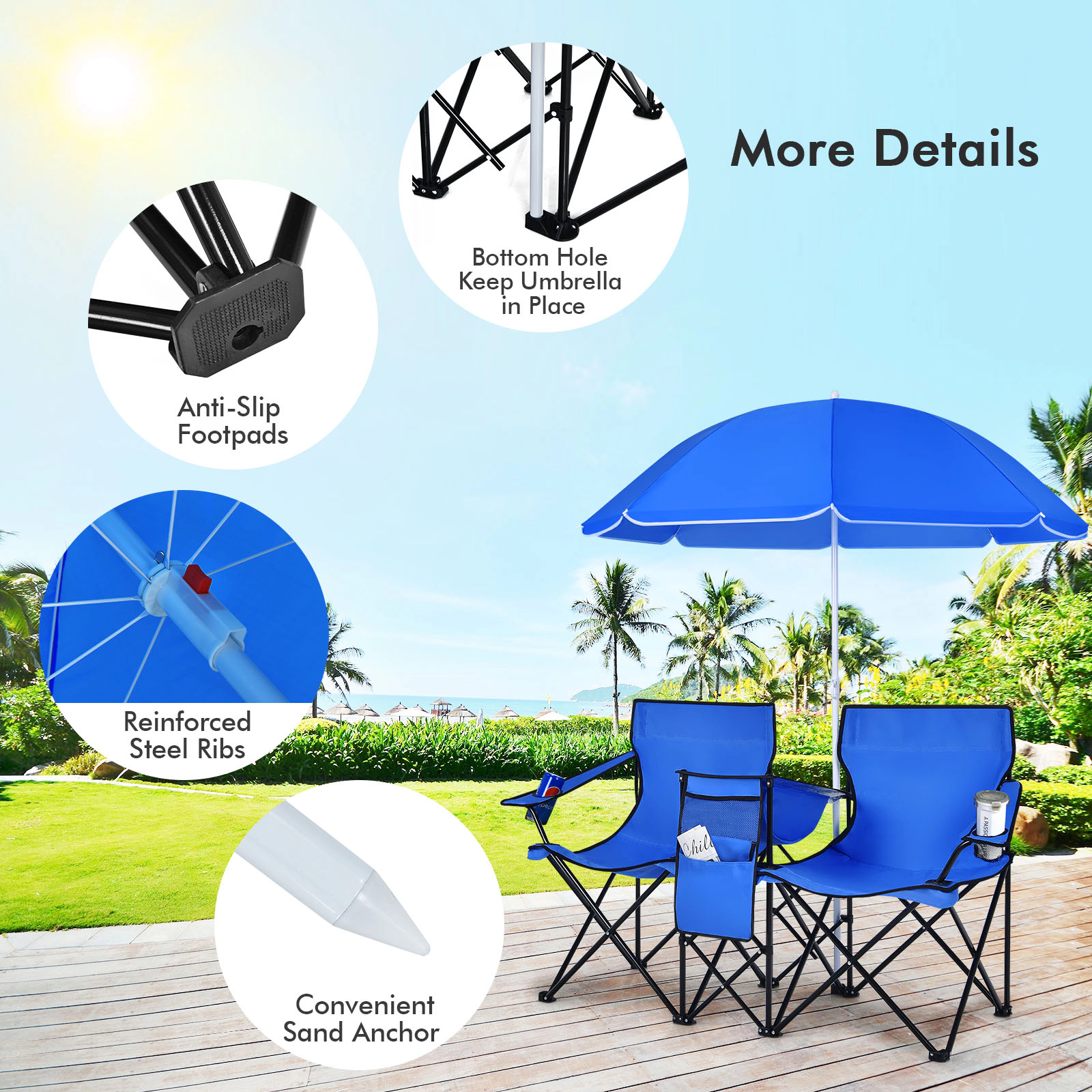 SUGIFT Portable Folding Picnic Double Chair with Adjustable Umbrella 270-lb Capacity Blue
