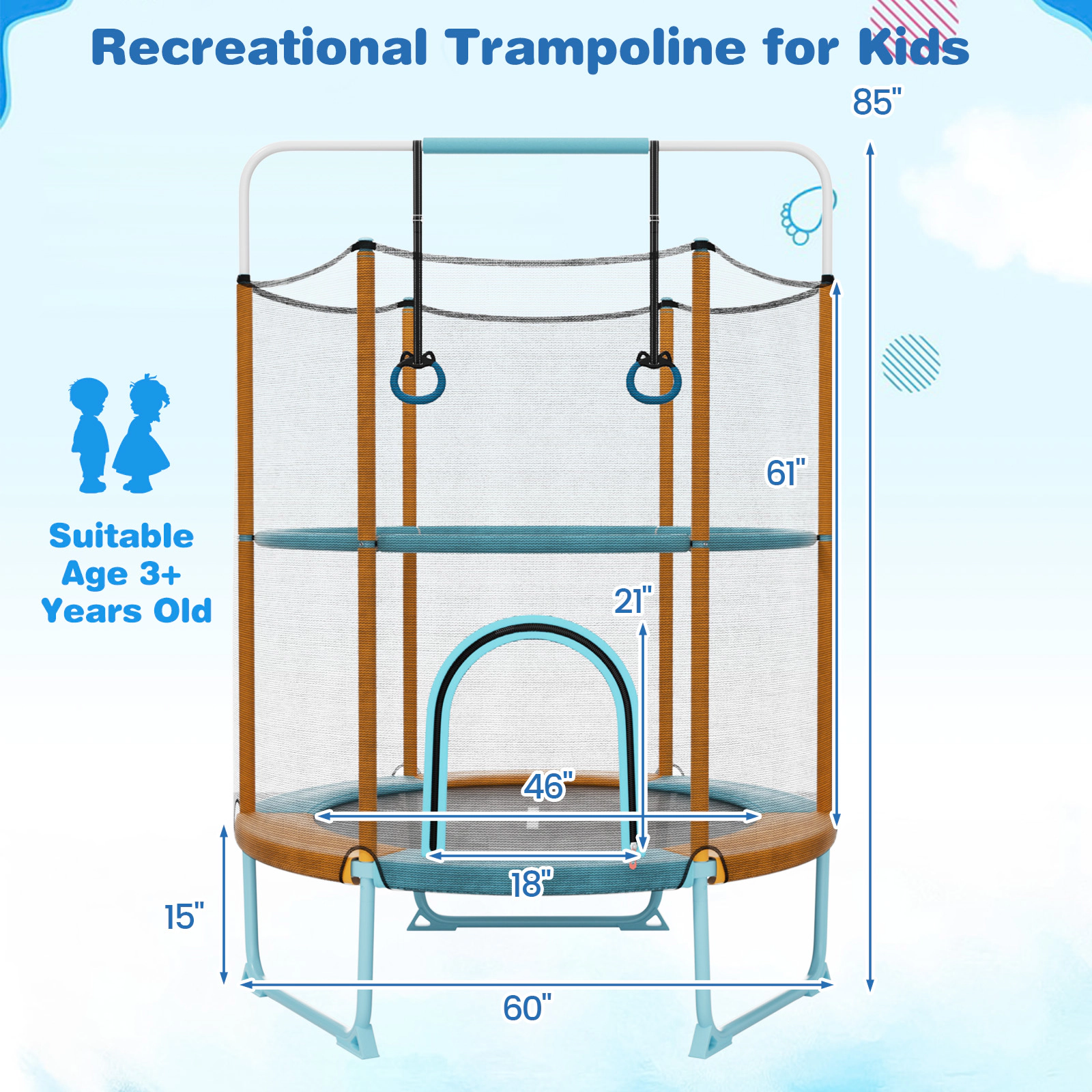 60-in Toddler Trampoline Net Gymnastic Bar Adjustable Rings 110-lb Capacity Ages 3-6 Orange Kids Indoor Trampoline