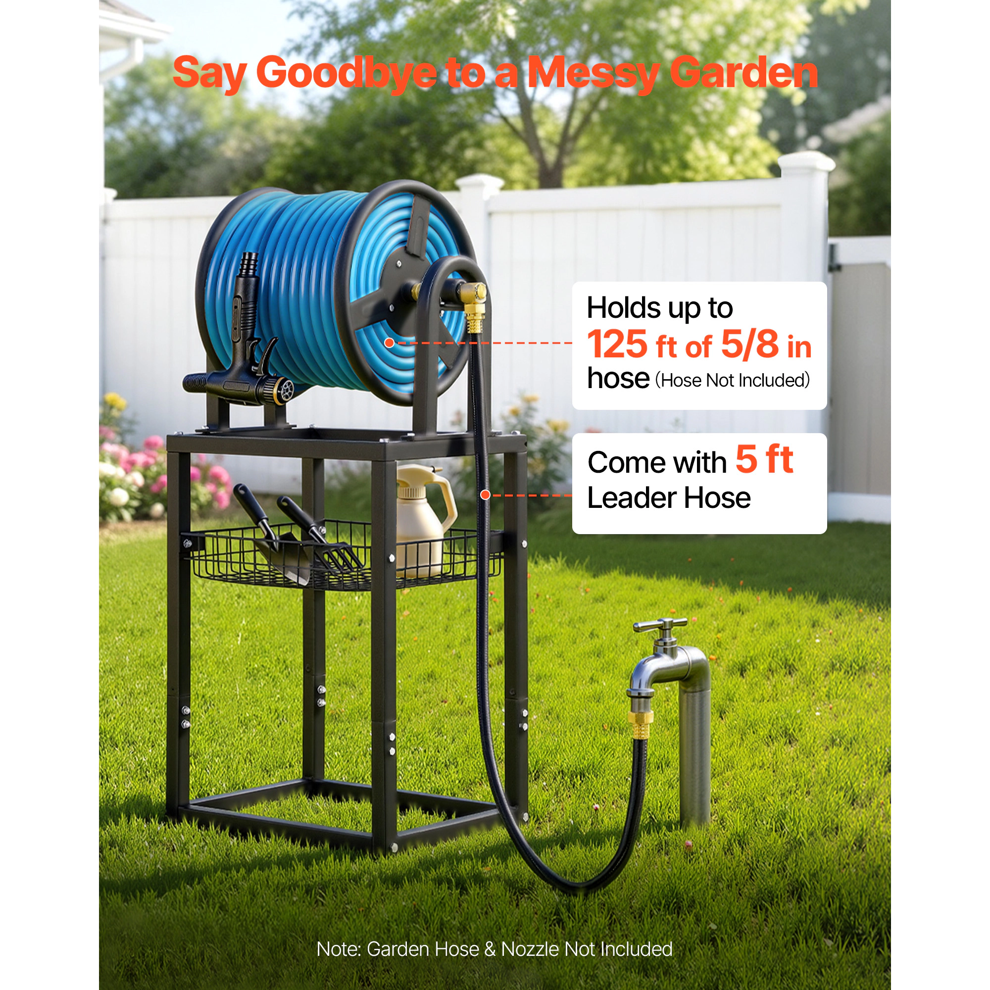 HONGGE Freestanding Garden Hose Reel, Holds 125 ft of 5/8-inch Hose, Wall or Ground Mount, 4-Spike Base
