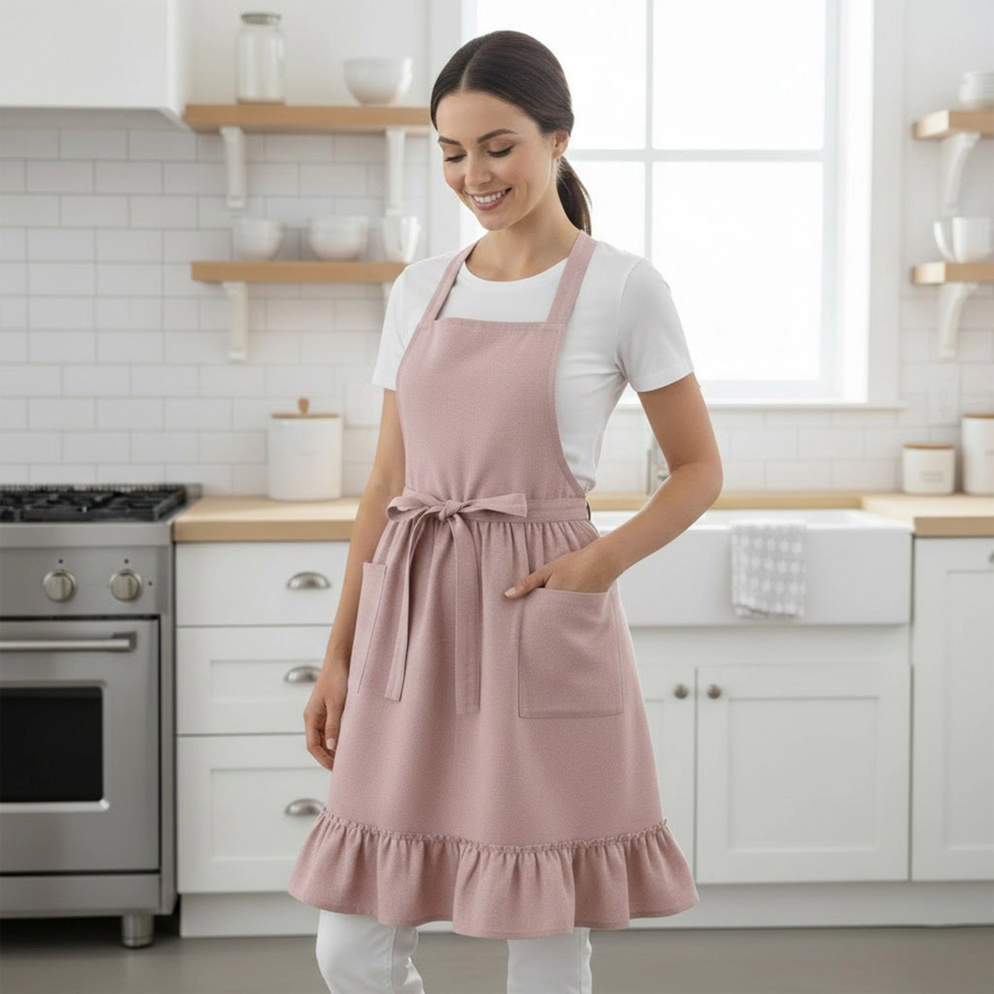 Alilang Unisex Adjustable Cross Back Ruffle Hem Apron with Front Pockets Soft Fabric Design