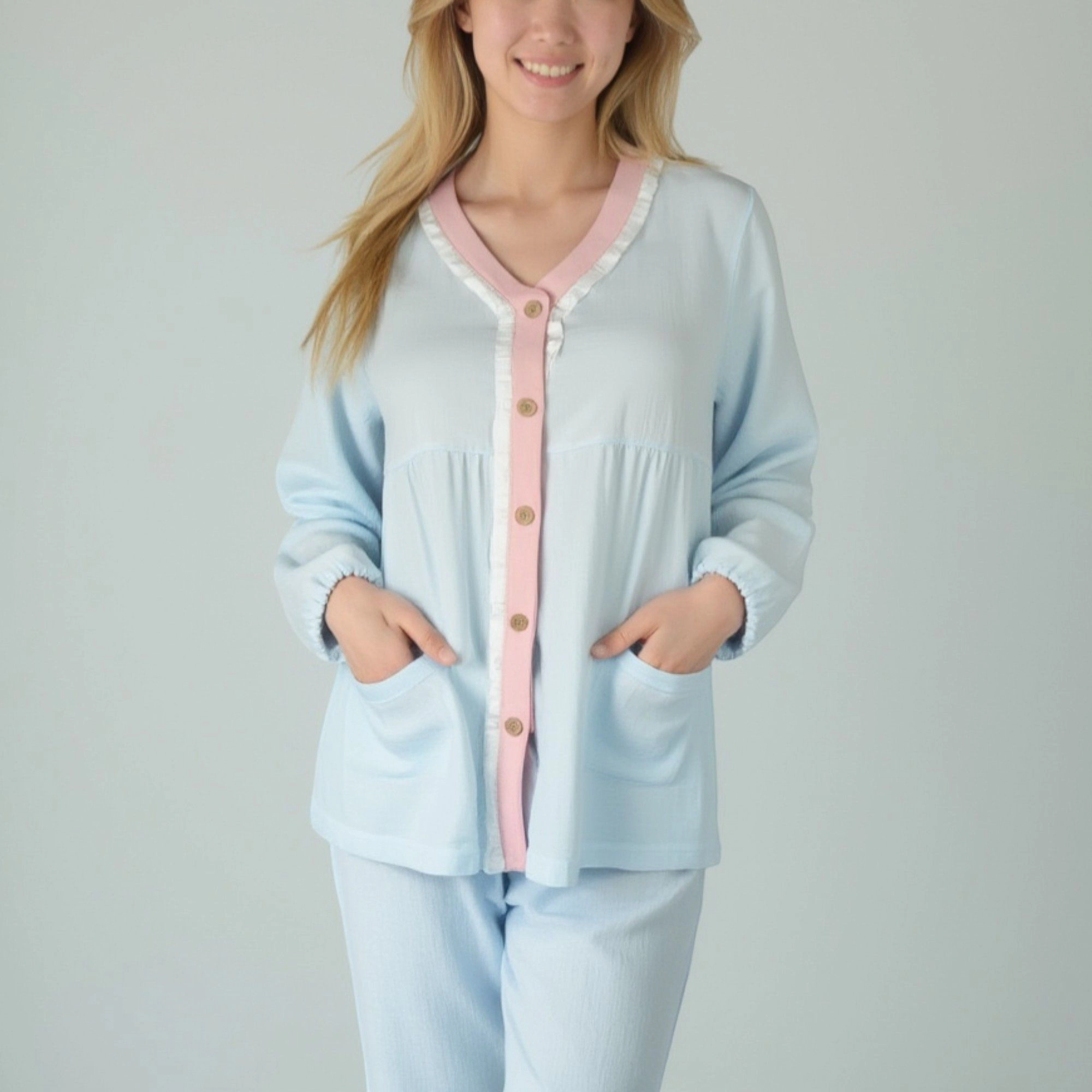 Anna-Kaci Women's Long Sleeve Button Up Pajama Set with Ruffle Trim and Front Patch Pockets