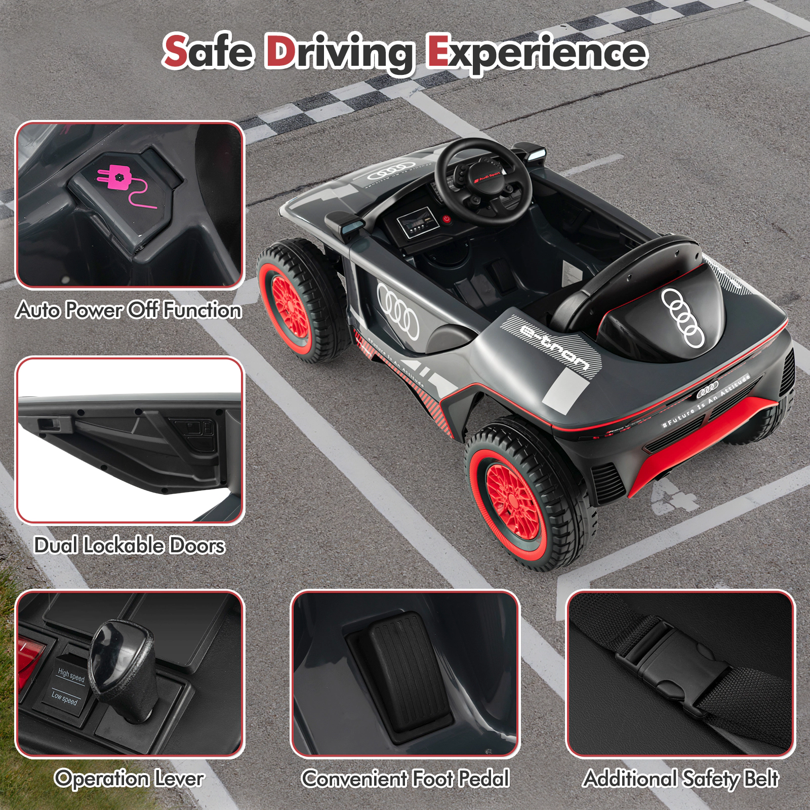 Glintex 12V Kids Ride-On Racing Car with Rearview Mirrors and FM Radio, Gray