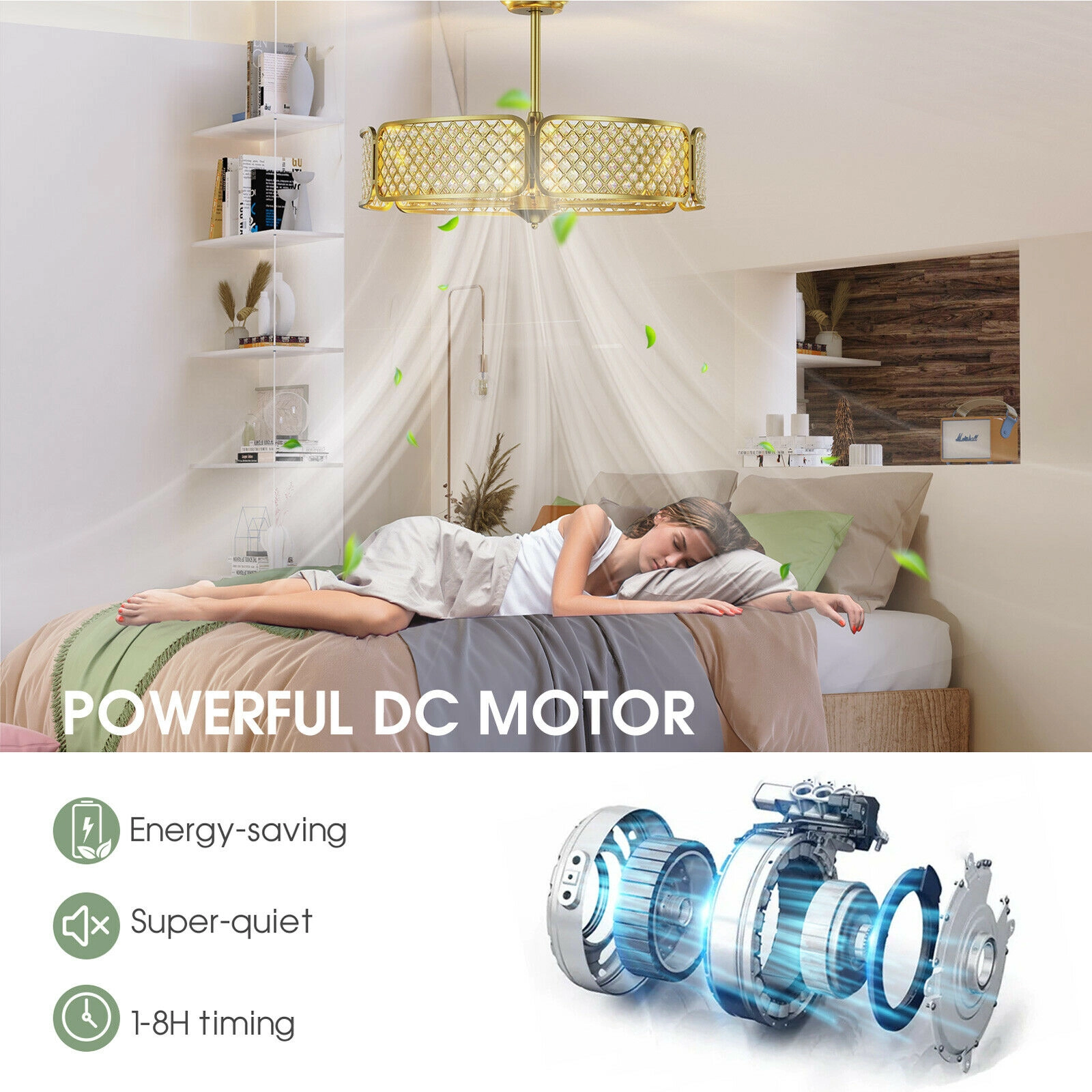 SUGIFT Golden 3-Blade Caged Ceiling Fan with Crystal Lampshade and 6 Speeds 30-in Dia 21-in H