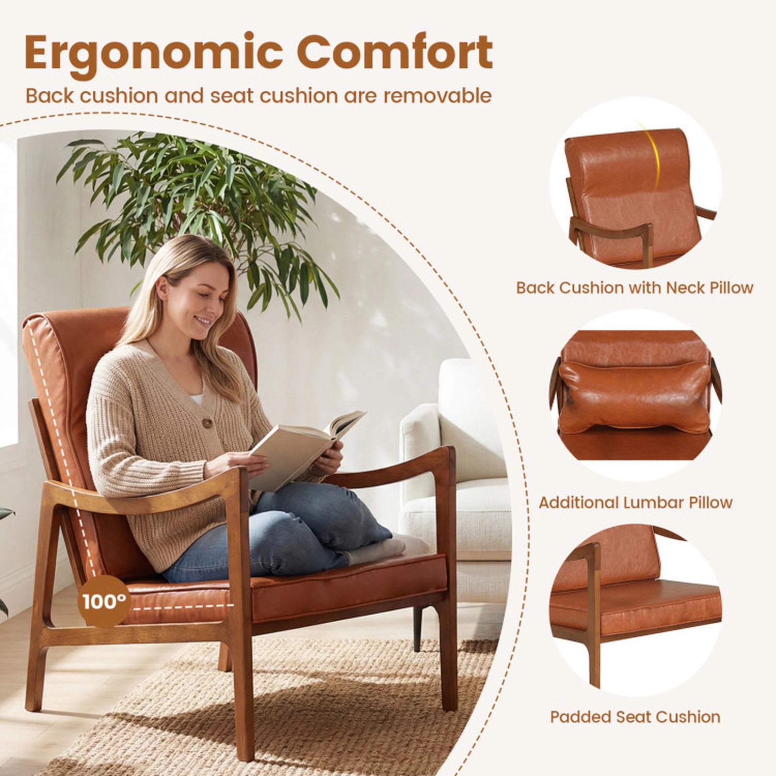 SUGIFT Brown Solid Rubber Wood Frame Removable Cushions and Lumbar Pillow Modern Accent Chair