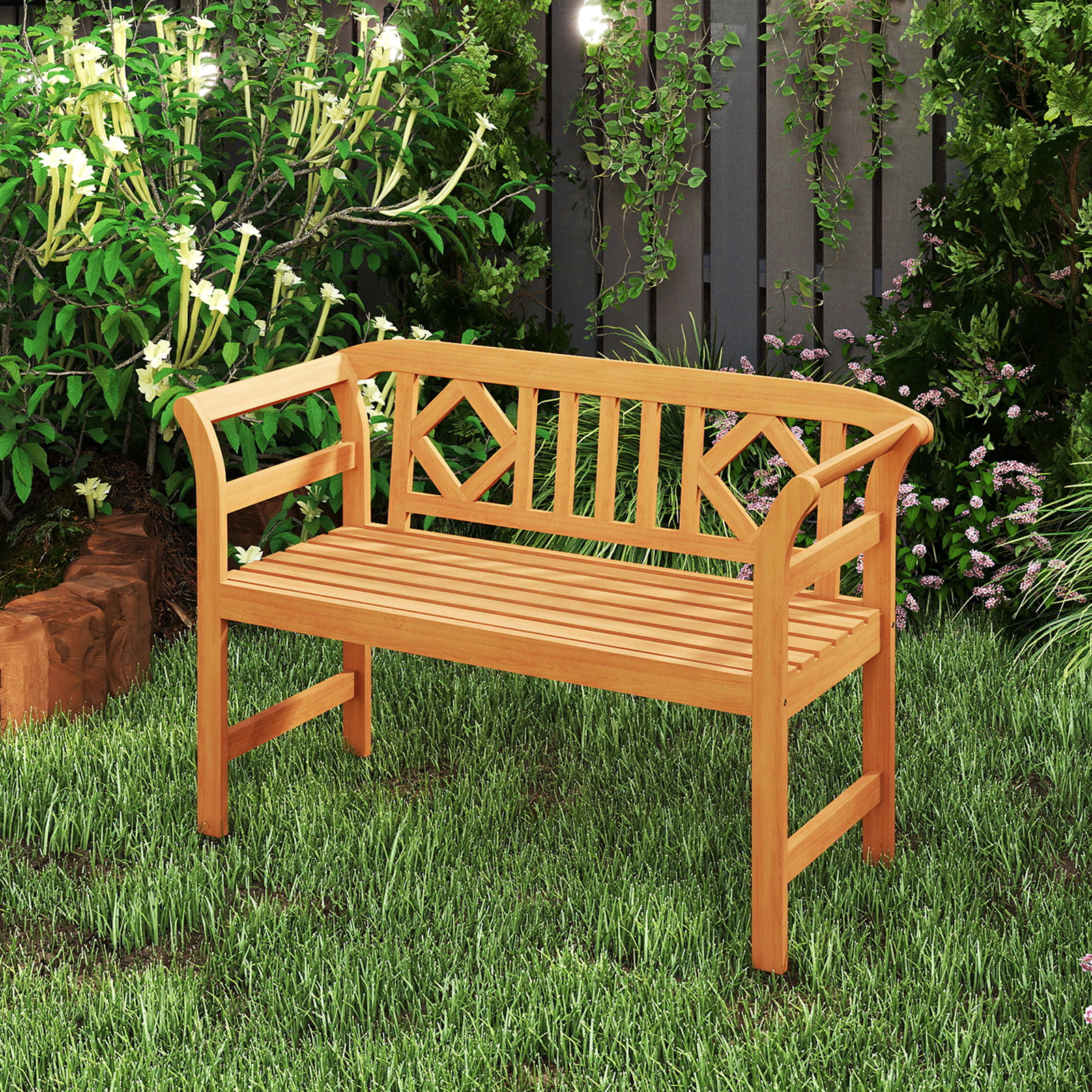 SUGIFT 47-Inch Natural Acacia Wood Outdoor Loveseat Bench, 2-Seater with Geometric Backrest