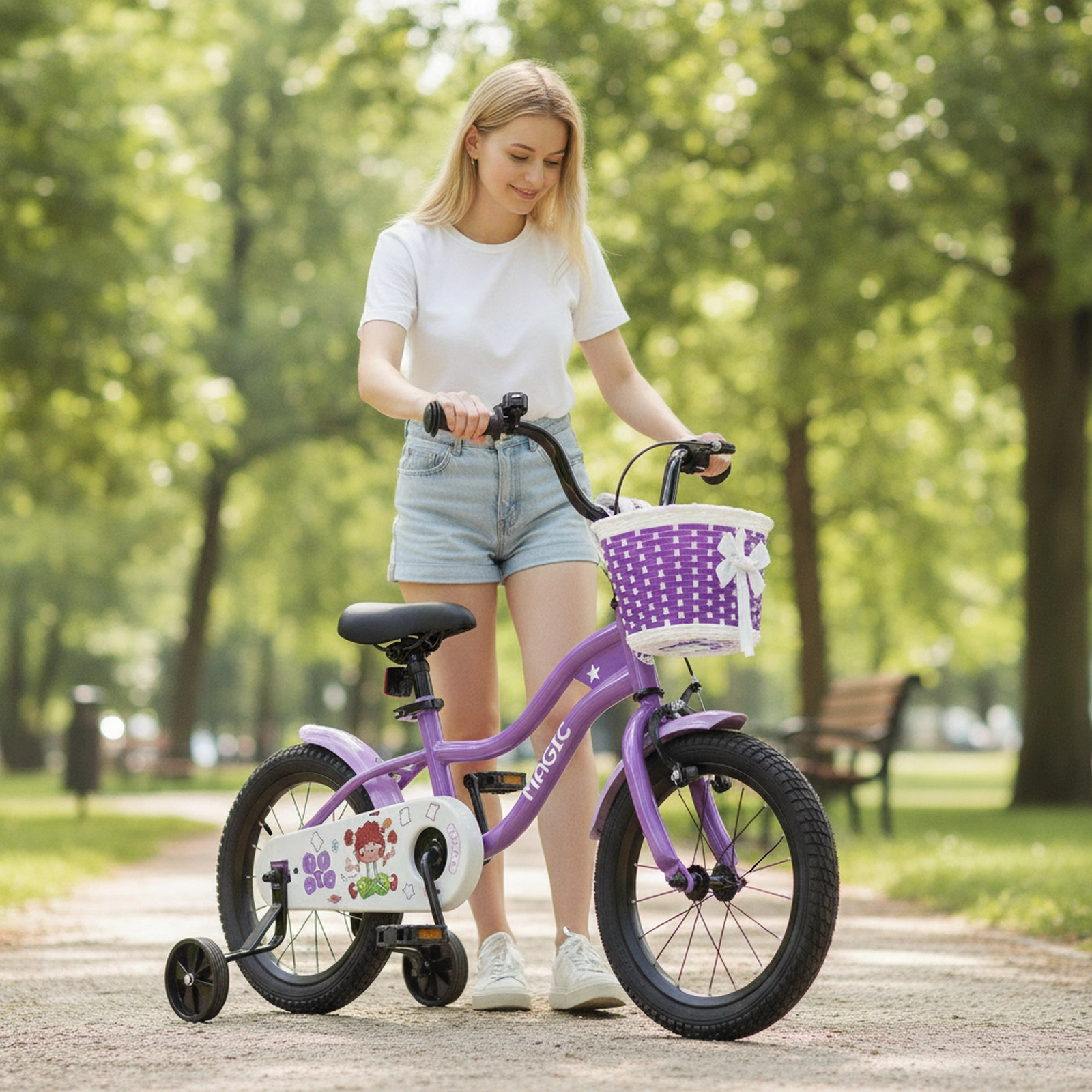 14-in Kids Bike with Removable Front Basket Training Wheels Bell Reflectors and Mudguards for Ages 3-5 Toddler Bicycle