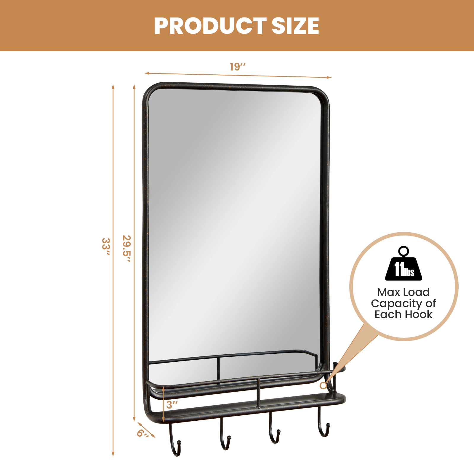 Slickblue Wall Mounted Bathroom Mirror with Shelf and Hooks, Metal Frame Storage Mirror