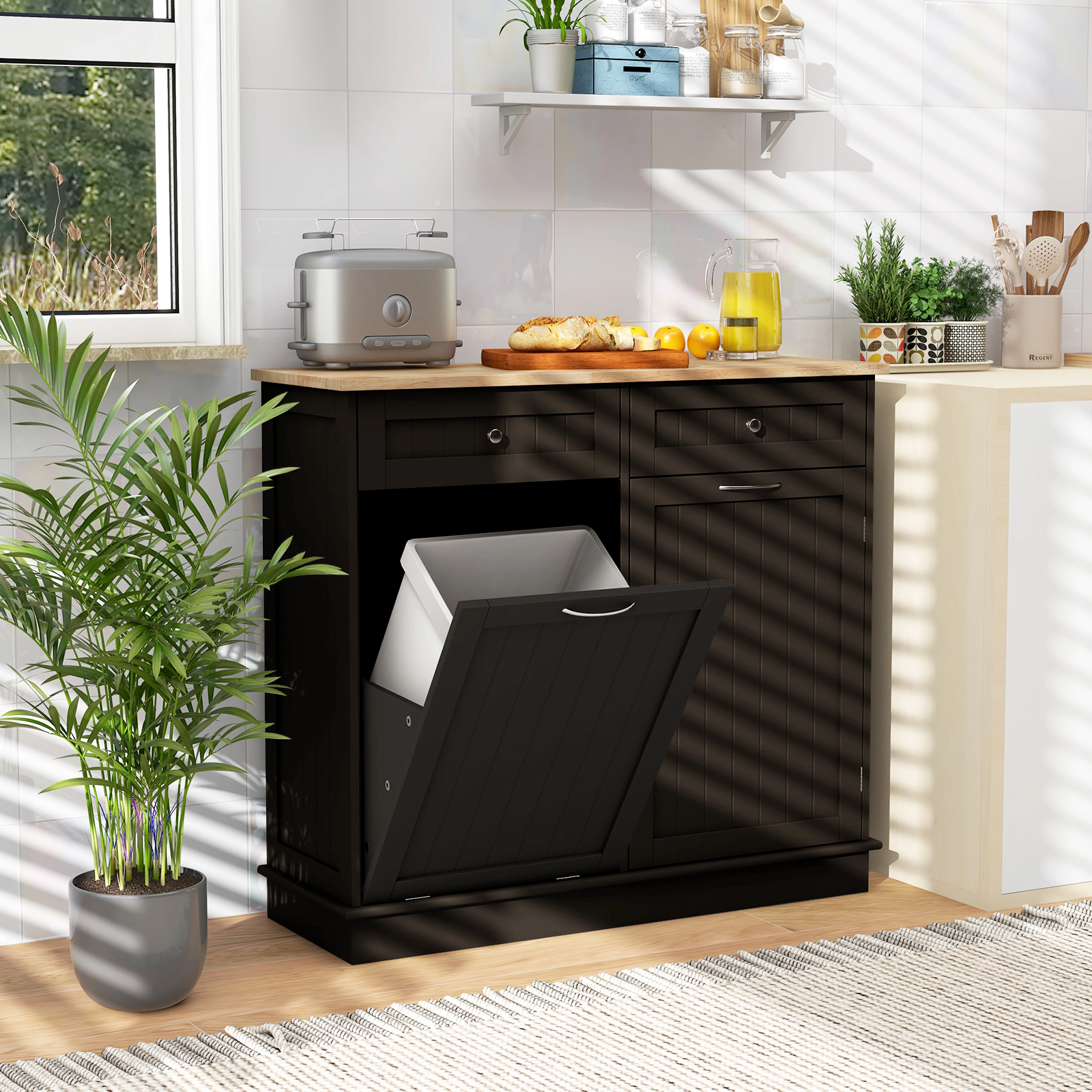 SUGIFT Tilt Out Trash Cabinet Sideboard with 2 Drawers and Adjustable Shelf 220-lb Top Capacity 39.5-in Wide Brown