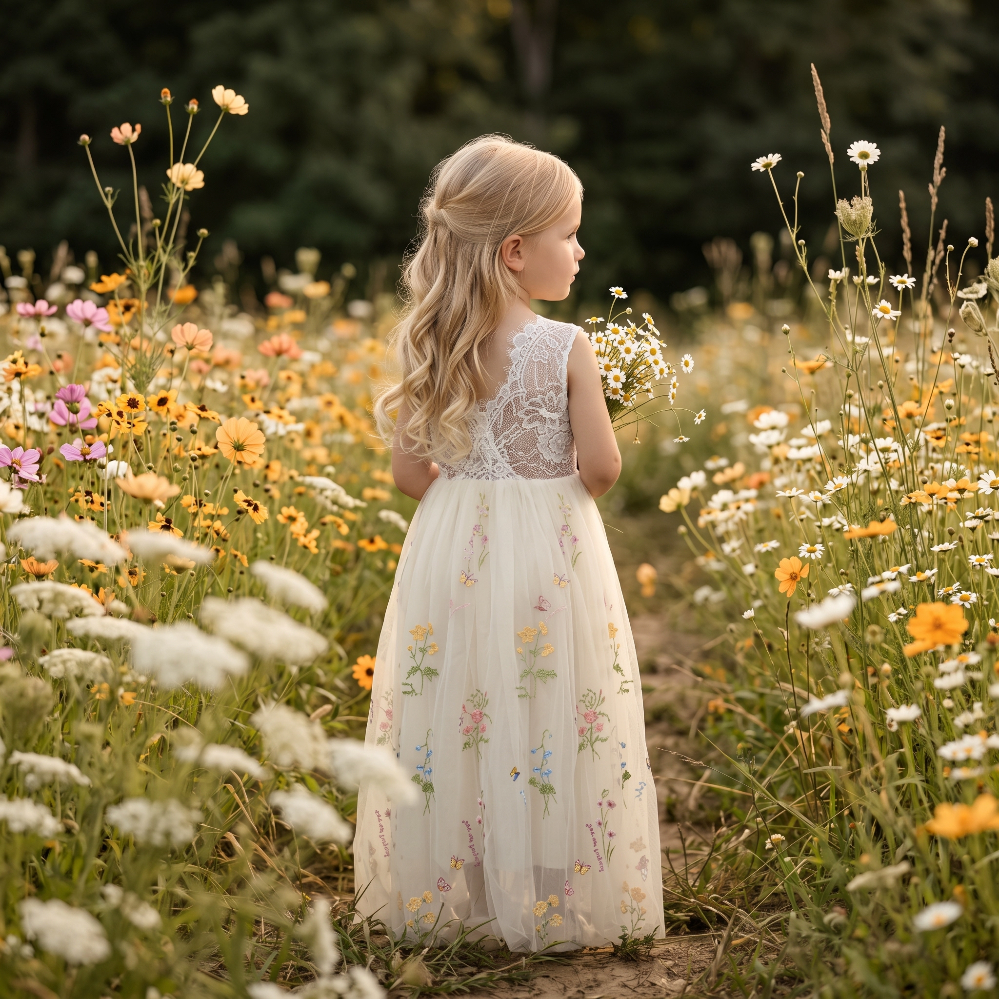 2Bunnies Girls' 3T-9Y Floral Embroidered Tulle Lace Sleeveless Maxi Flower Girl Dress