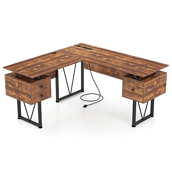 SlickBlue L-Shaped Office Desk with 3 Drawers and Power Station