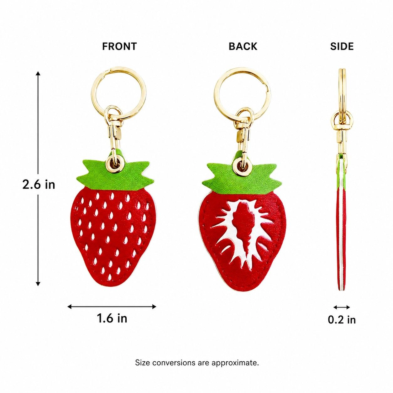 Alilang Women's Double-Sided Fruit Bag Charm Keychain with Stitched Detail and Gold-Tone Ring, Strawberry Red