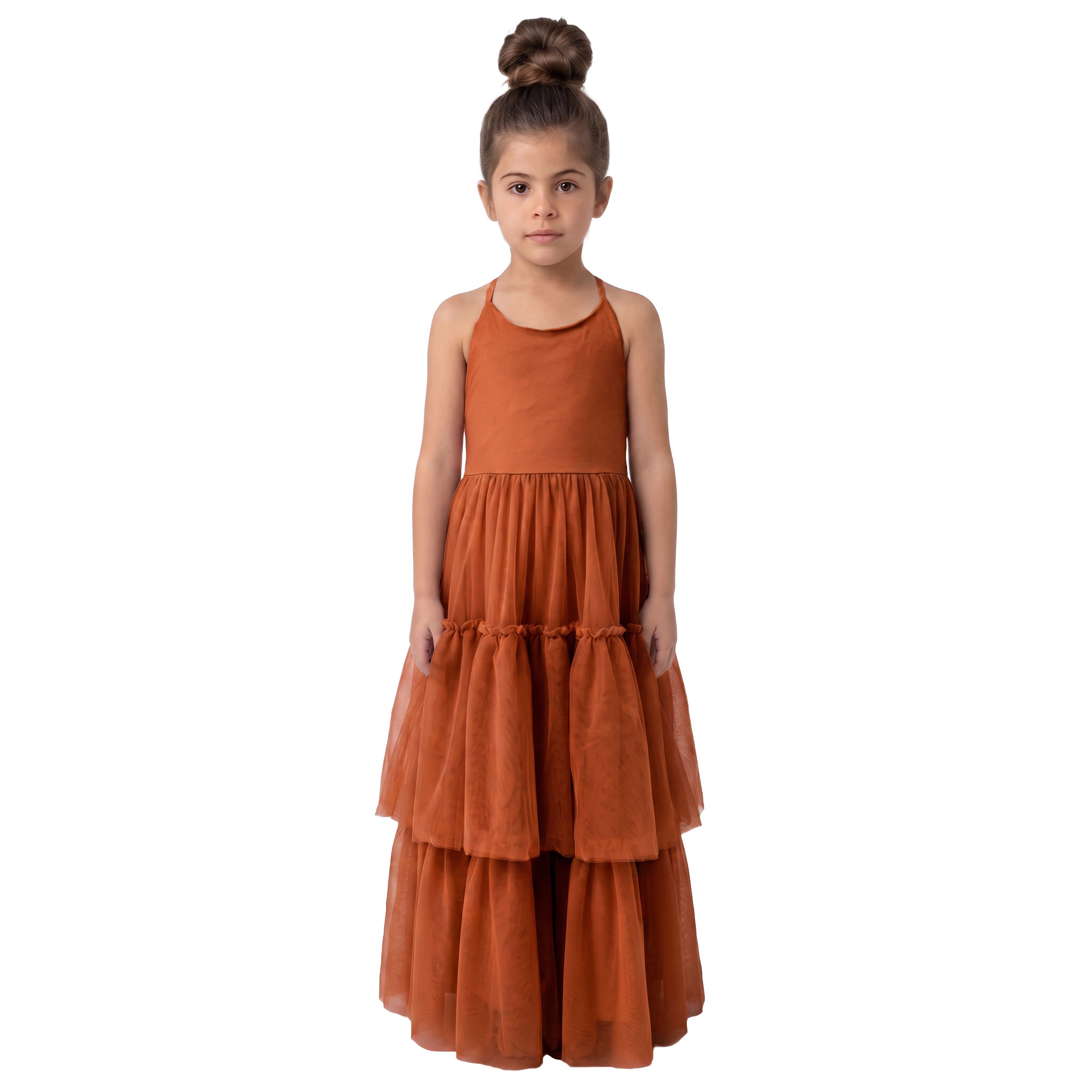 2Bunnies Girls Boho Tiered Tulle Maxi Dress with Crisscross Open Back