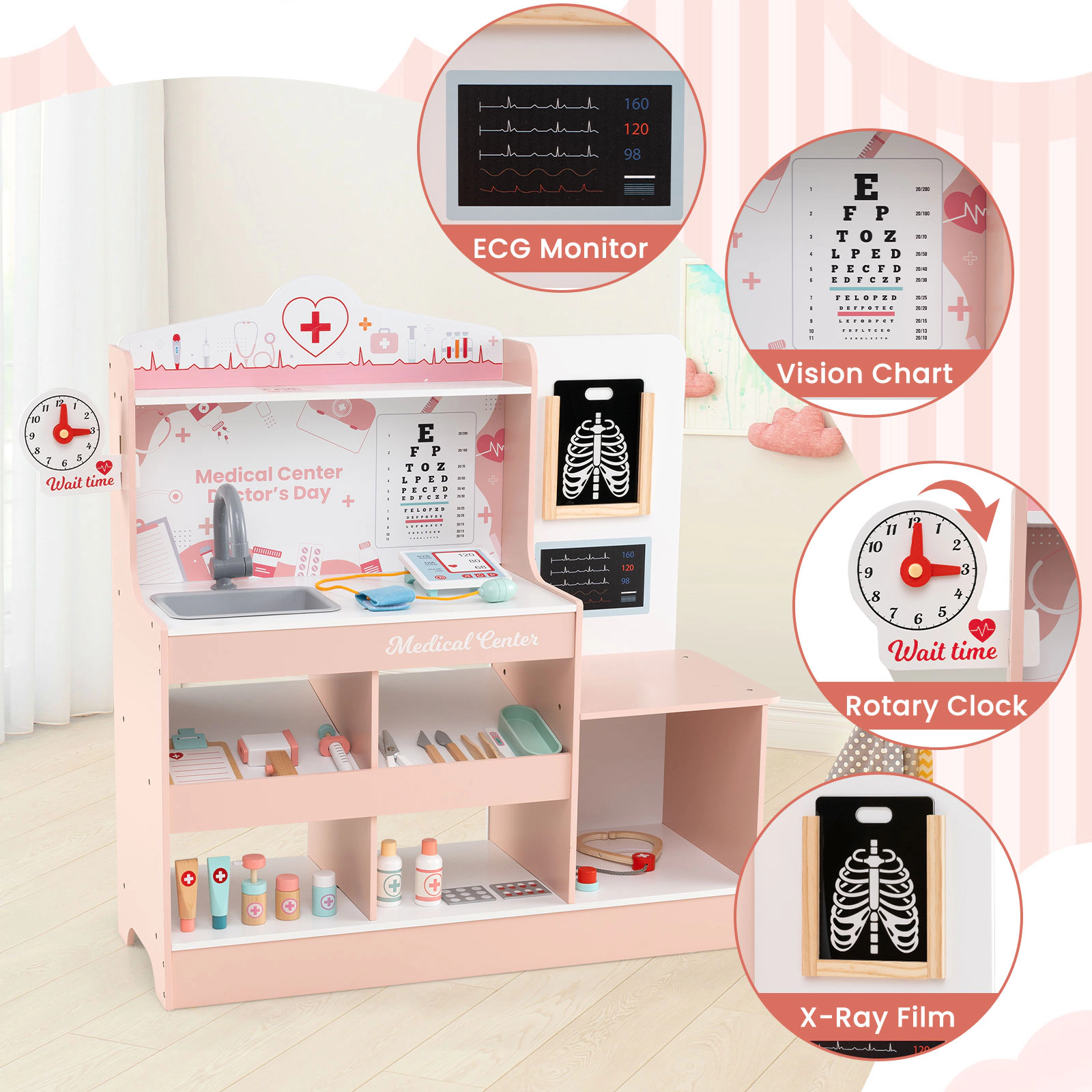 Wooden Doctor Playset Stethoscope 24-pc Medical Accessories 38-in Kids Doctors Play Set with Patient Seat Ages 3+ Pink