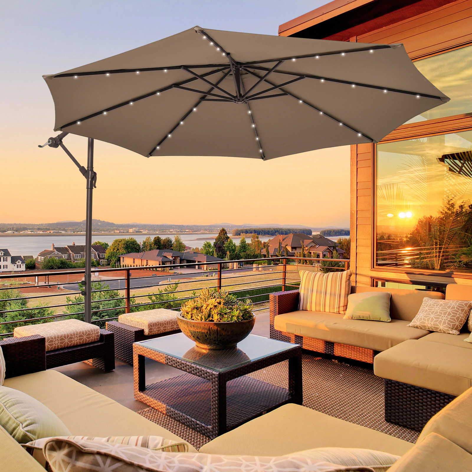 SUGIFT 10-ft Tan Solar LED Offset Cantilever Patio Umbrella with Crank Lift 90-Degree Tilt and Sand Base