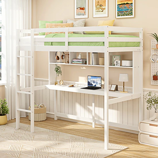 SUGIFT Twin Loft Bed with Desk and Shelves, White Pine Frame, 250-lb Capacity