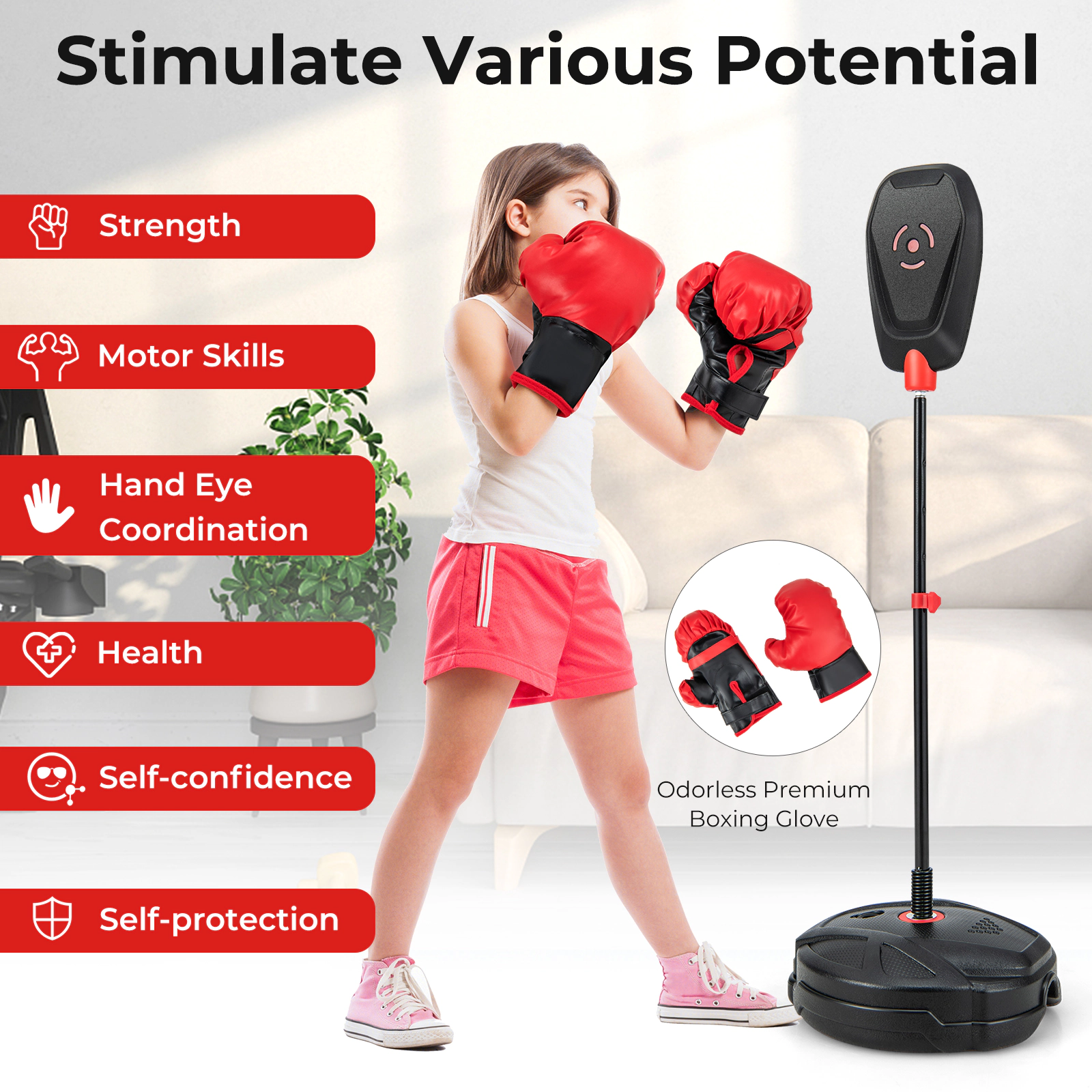 SUGIFT Height-Adjustable Inflation-Free Freestanding Kids Punching Bag Boxing Set with Gloves and Glove Hanger