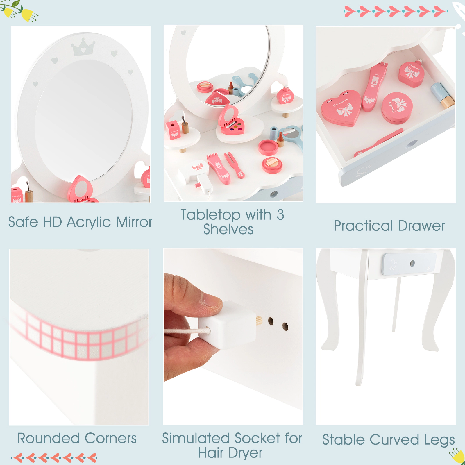 SUGIFT 2-in-1 Princess Makeup Table and Chair Set with Removable Mirror 110-lb Capacity Ages 3+ White