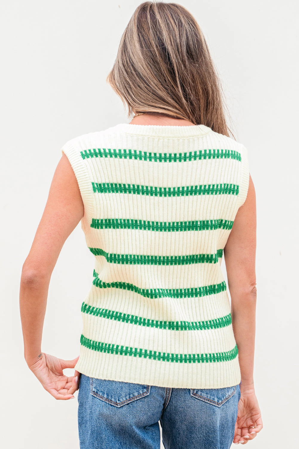 Threaded Pear Women's Ivey Striped Round Neck Casual Sweater Vest
