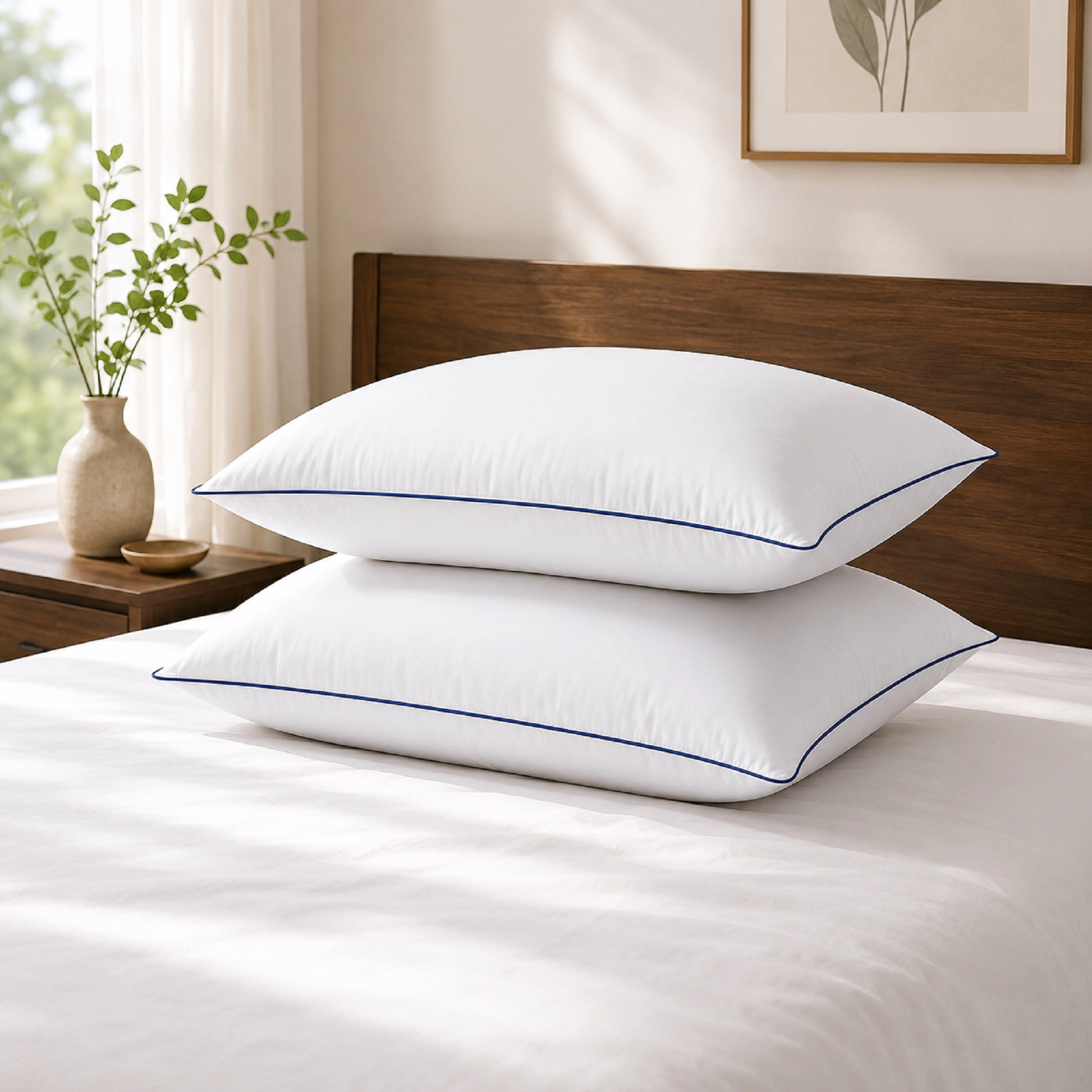 Unikome Set of 2 Goose Feather Pillows with Soft Cover, Medium Firm Bed Sleeping Pillows