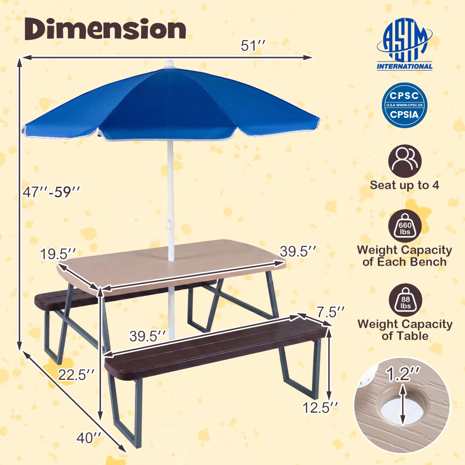 SUGIFT 4-Seat Kids Picnic Table with Foldable Umbrella, HDPE Top, Brown