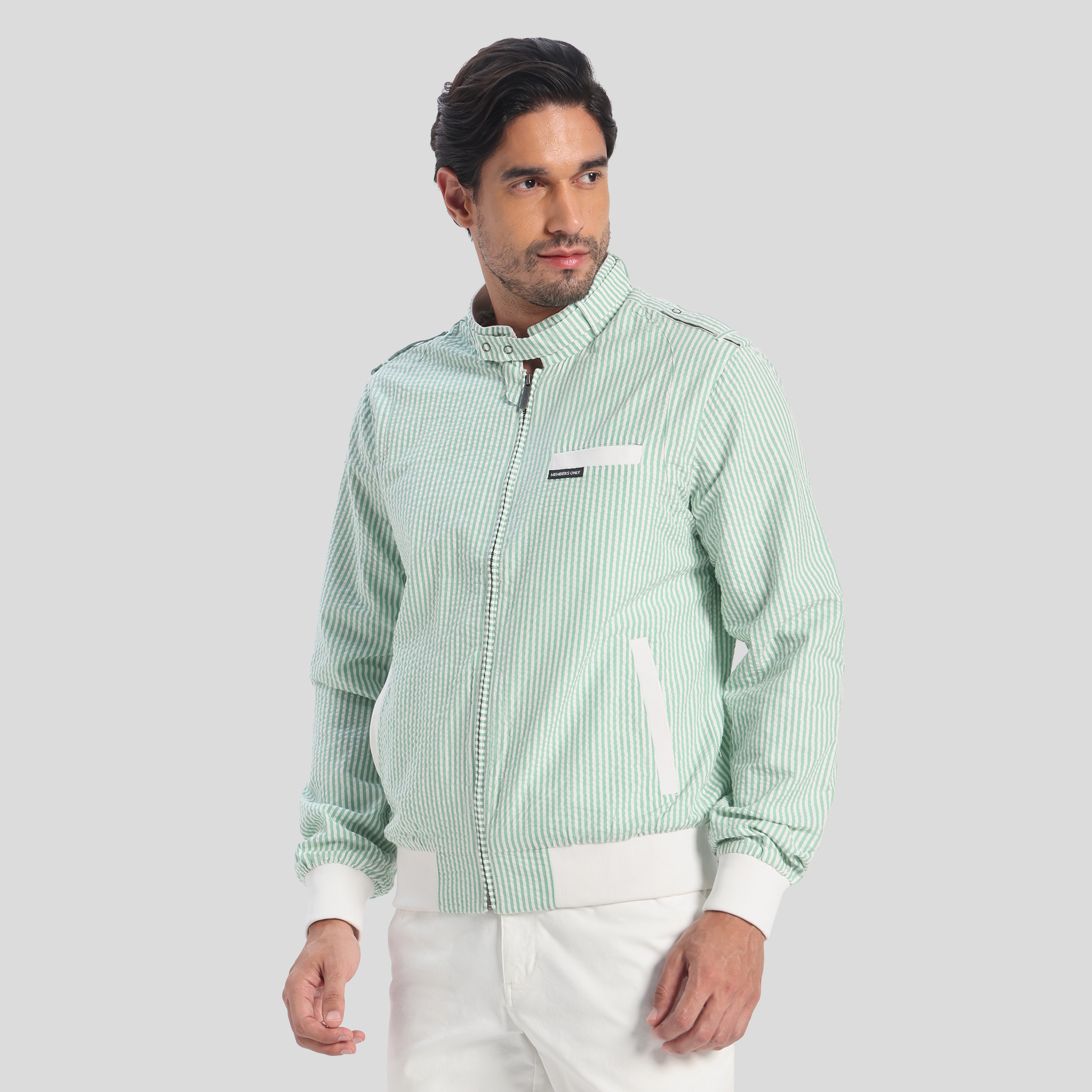Members Only Men's Seersucker Iconic Racer Jacket