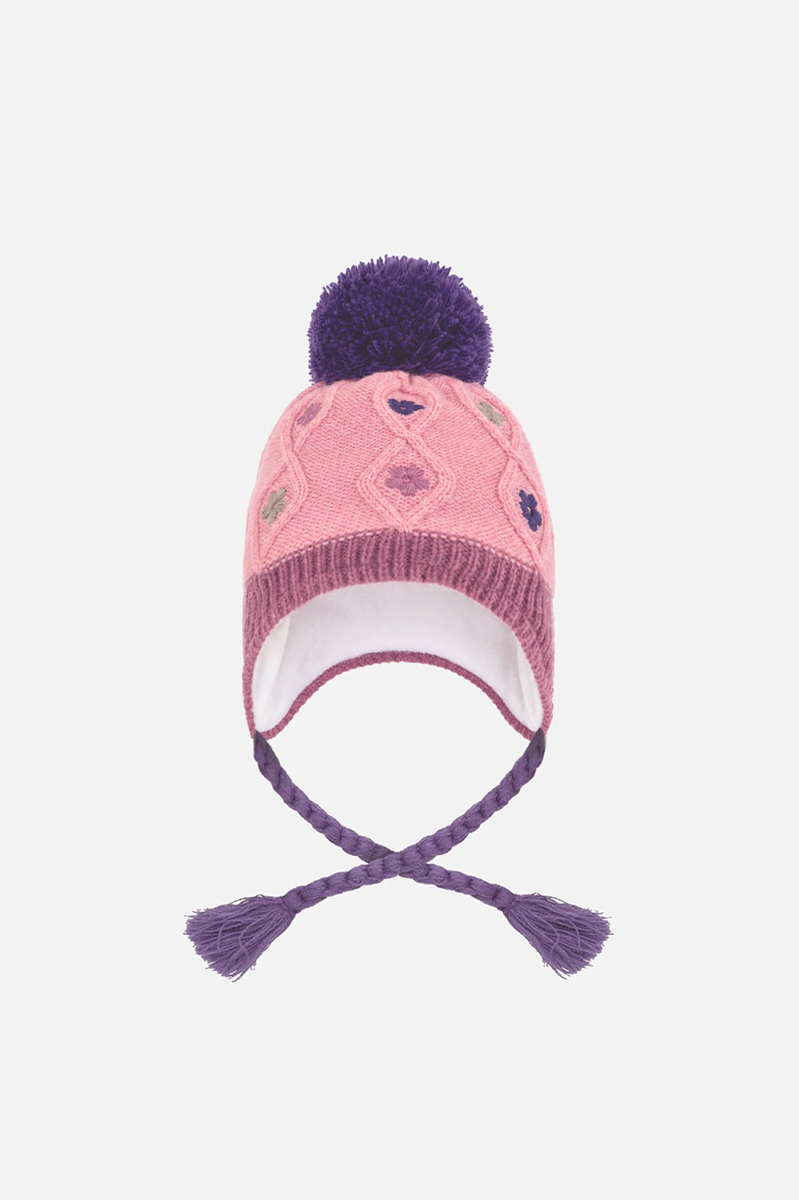 Deux par Girls Two-Tone Embroidered Floral Winter Peruvian Knit Hat with Pompom